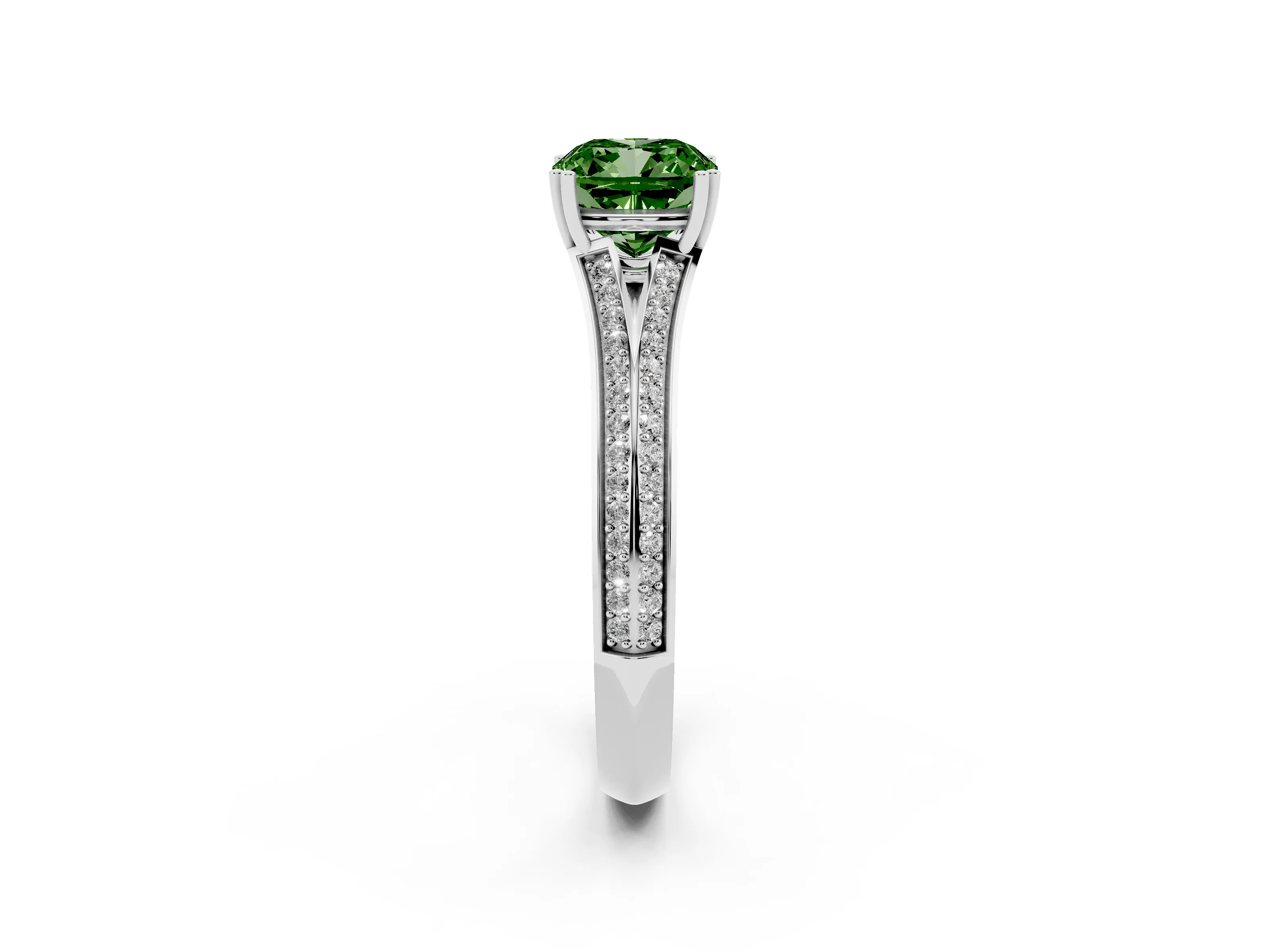 Fancy Green Cushion Cut Diamond Split Shank Pavé Engagement Ring Set in Platinum with Prong-Set Center Stone