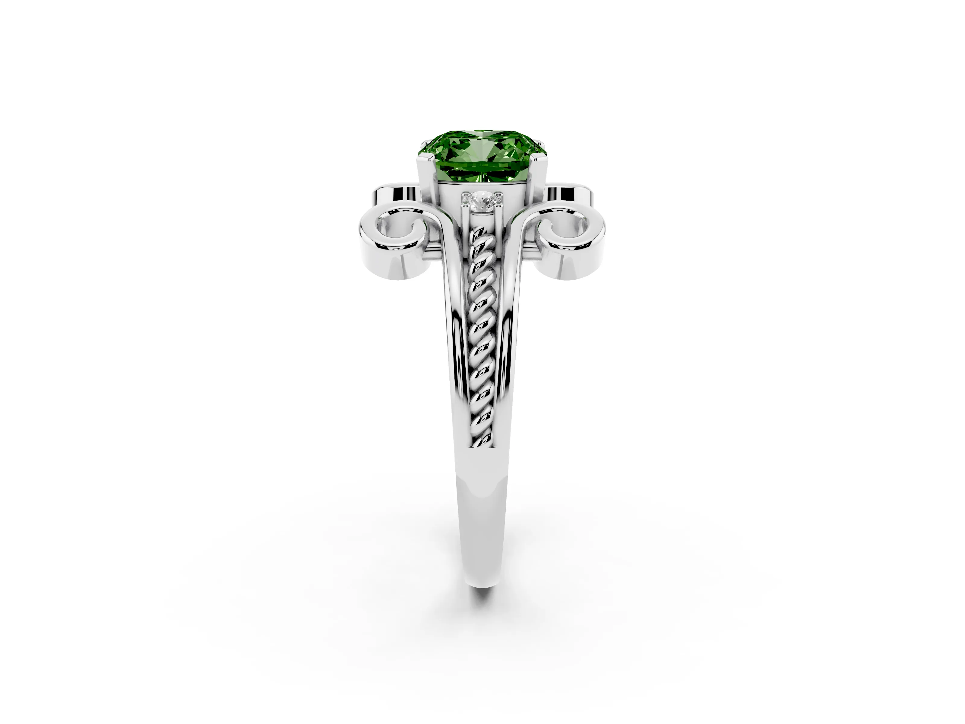 Fancy Green Cushion Cut Diamond Twisted Band Solitaire Ring Set in White gold with Scroll Prongs