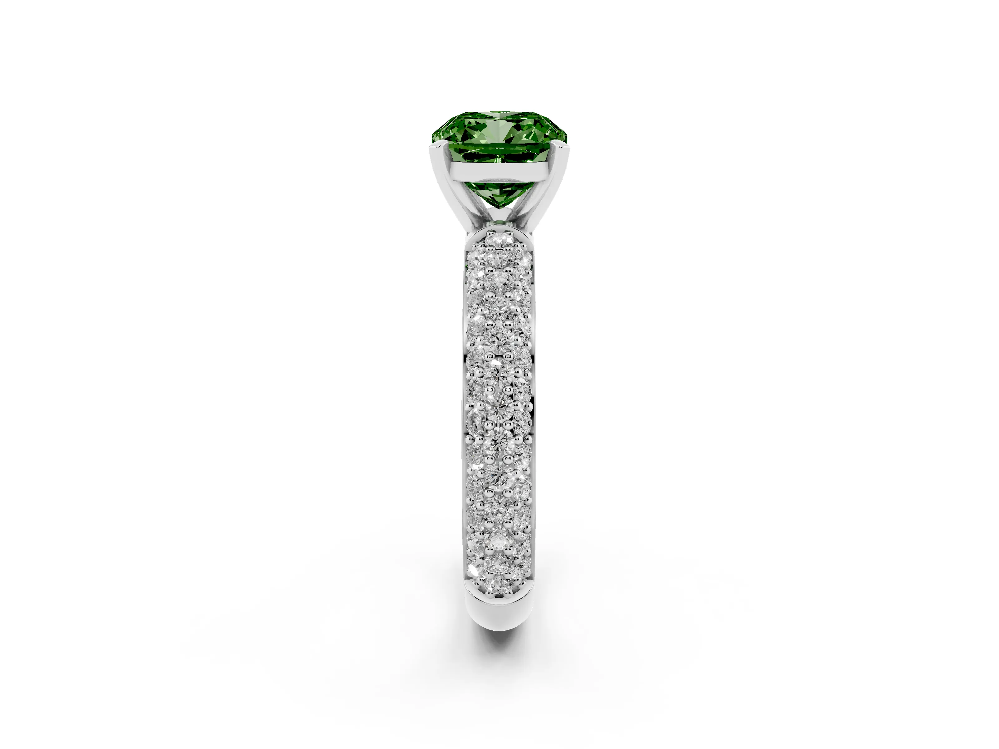 Fancy Green Cushion Cut Diamond Solitaire Ring Set in Silver with Prong Setting and Pavé-Set Band