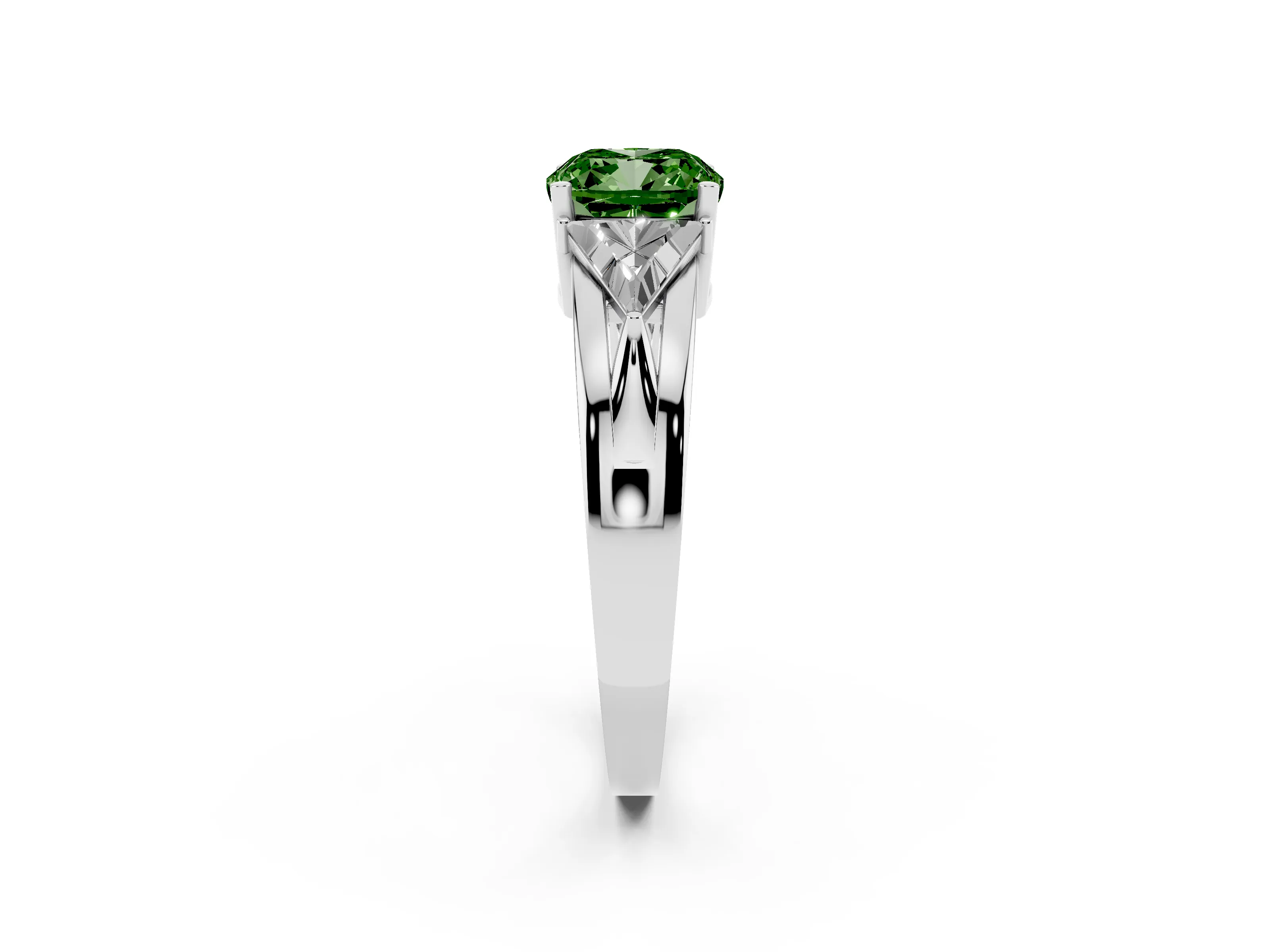 Fancy Green Cushion Cut Diamond Three-Stone Ring Set in Silver with Trillion Side Stones and Split Shank