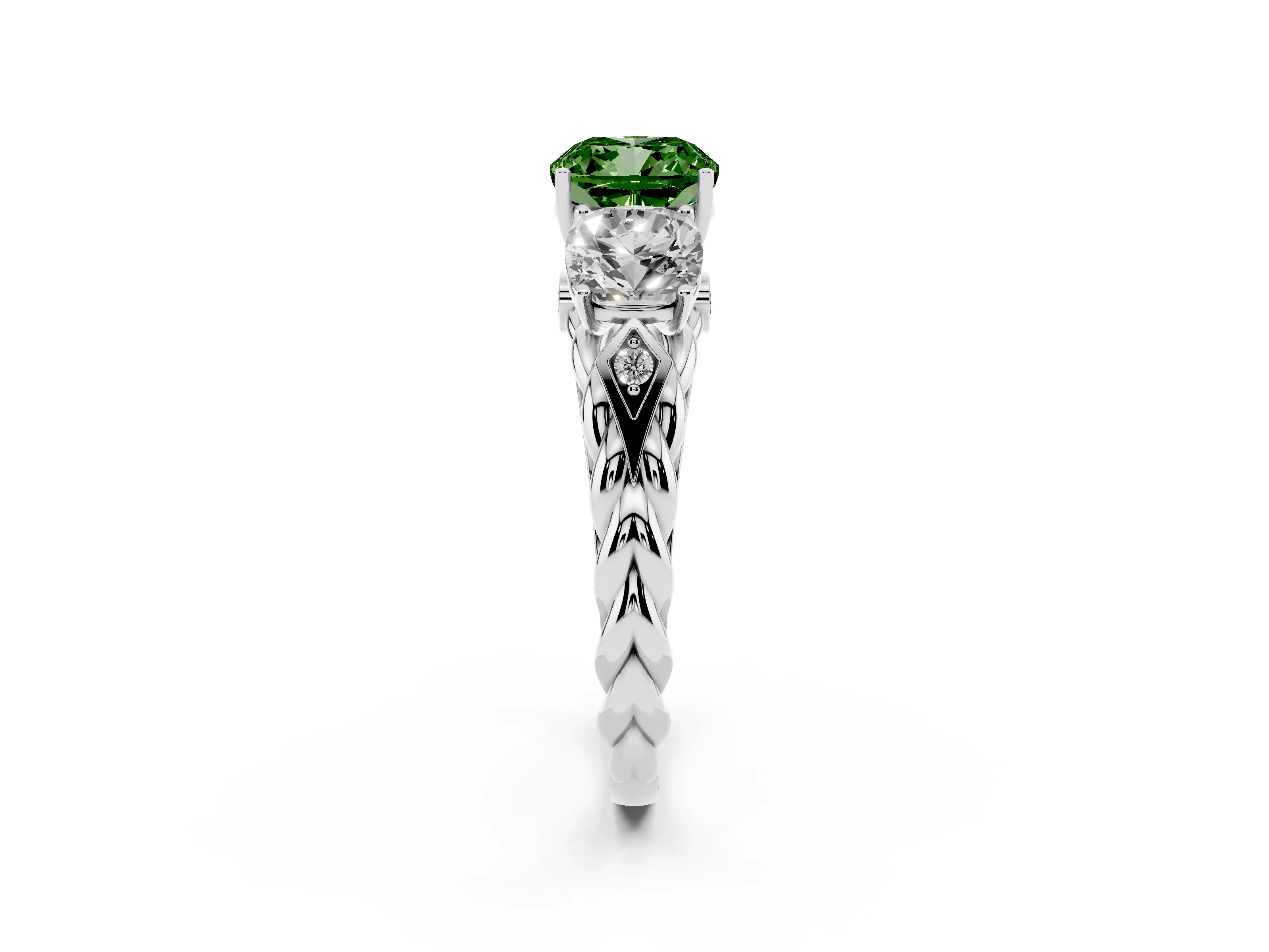 Fancy Green Cushion Cut Diamond Three-Stone Ring Set in White gold with Braided Band