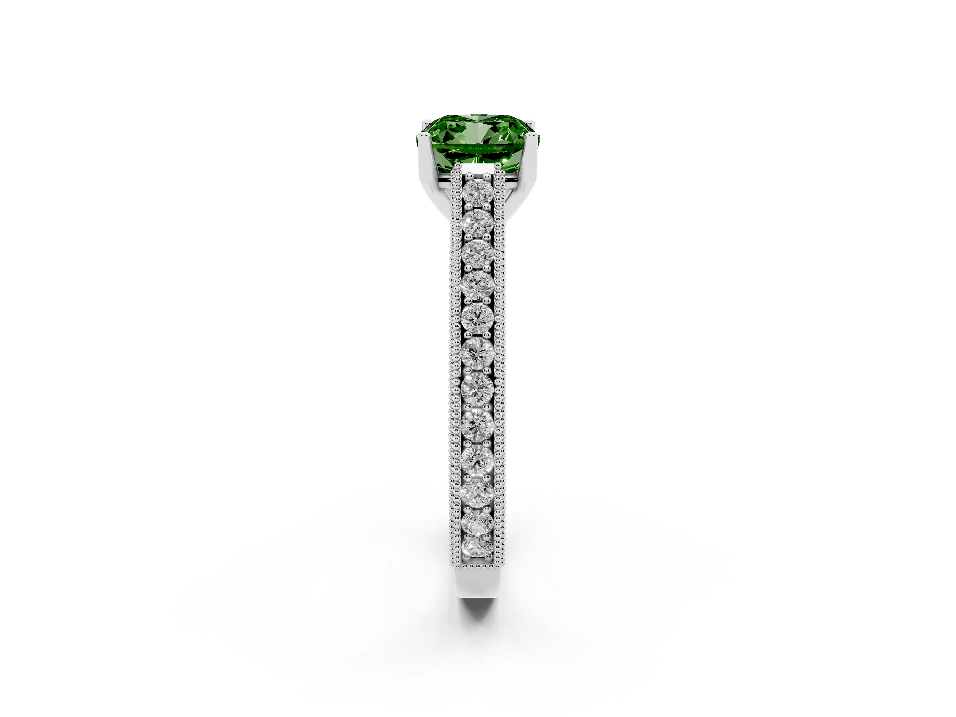 Fancy Green Cushion Cut Diamond Milgrain Pavé Band Solitaire Ring Set in White gold with Prong Setting
