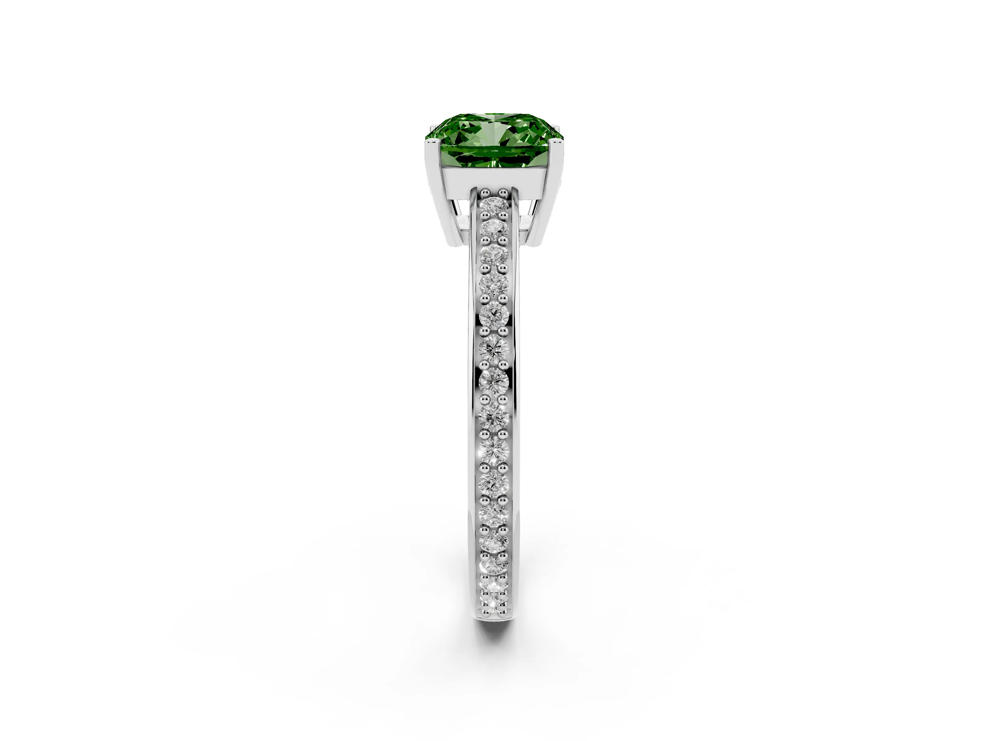 Fancy Green Cushion Cut Diamond Pavé Band Prong Set Solitaire Ring Set in White gold