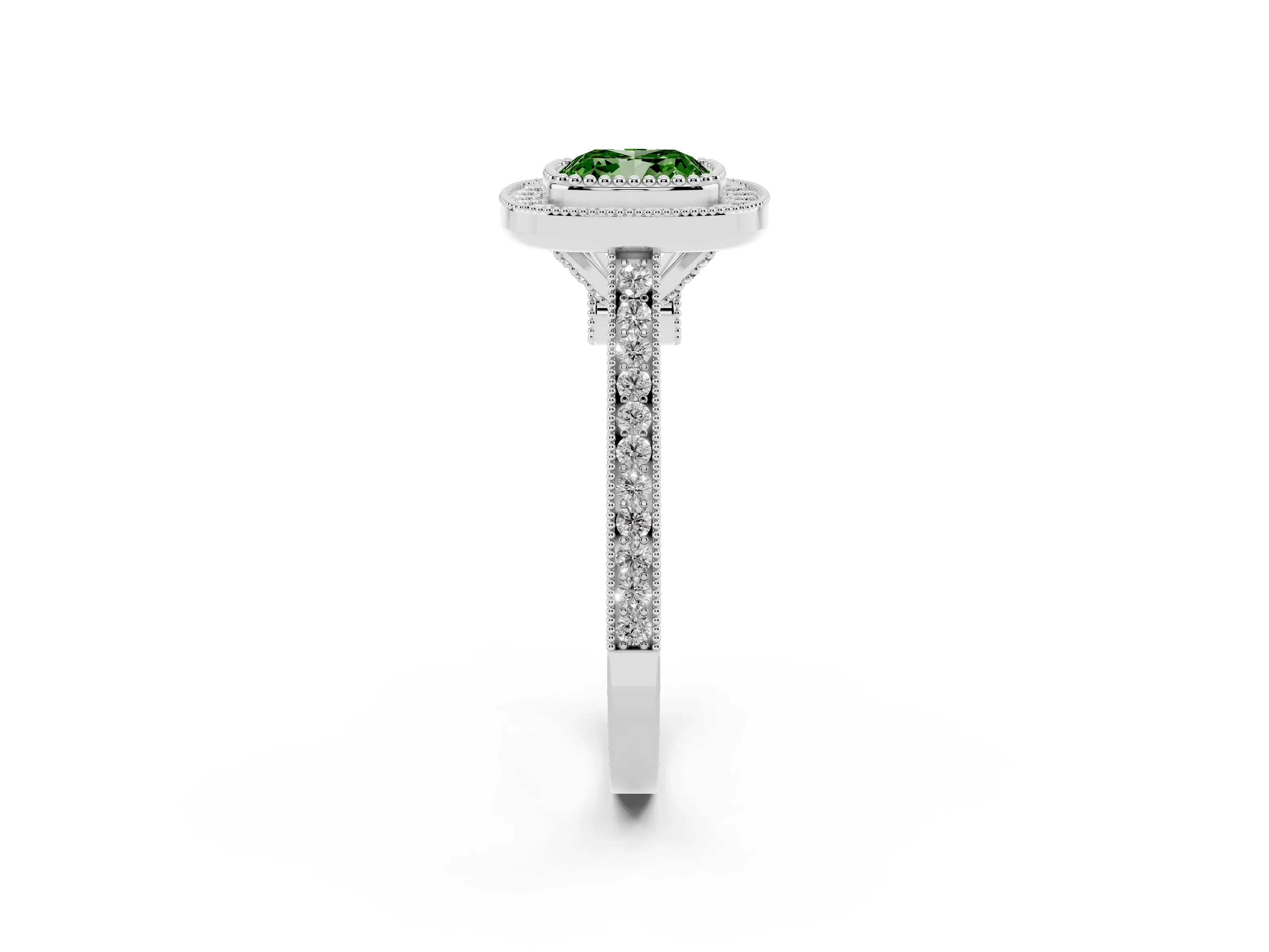 Fancy Green Cushion Cut Diamond Halo Ring Set in Platinum with Milgrain Frame and Pavé Band