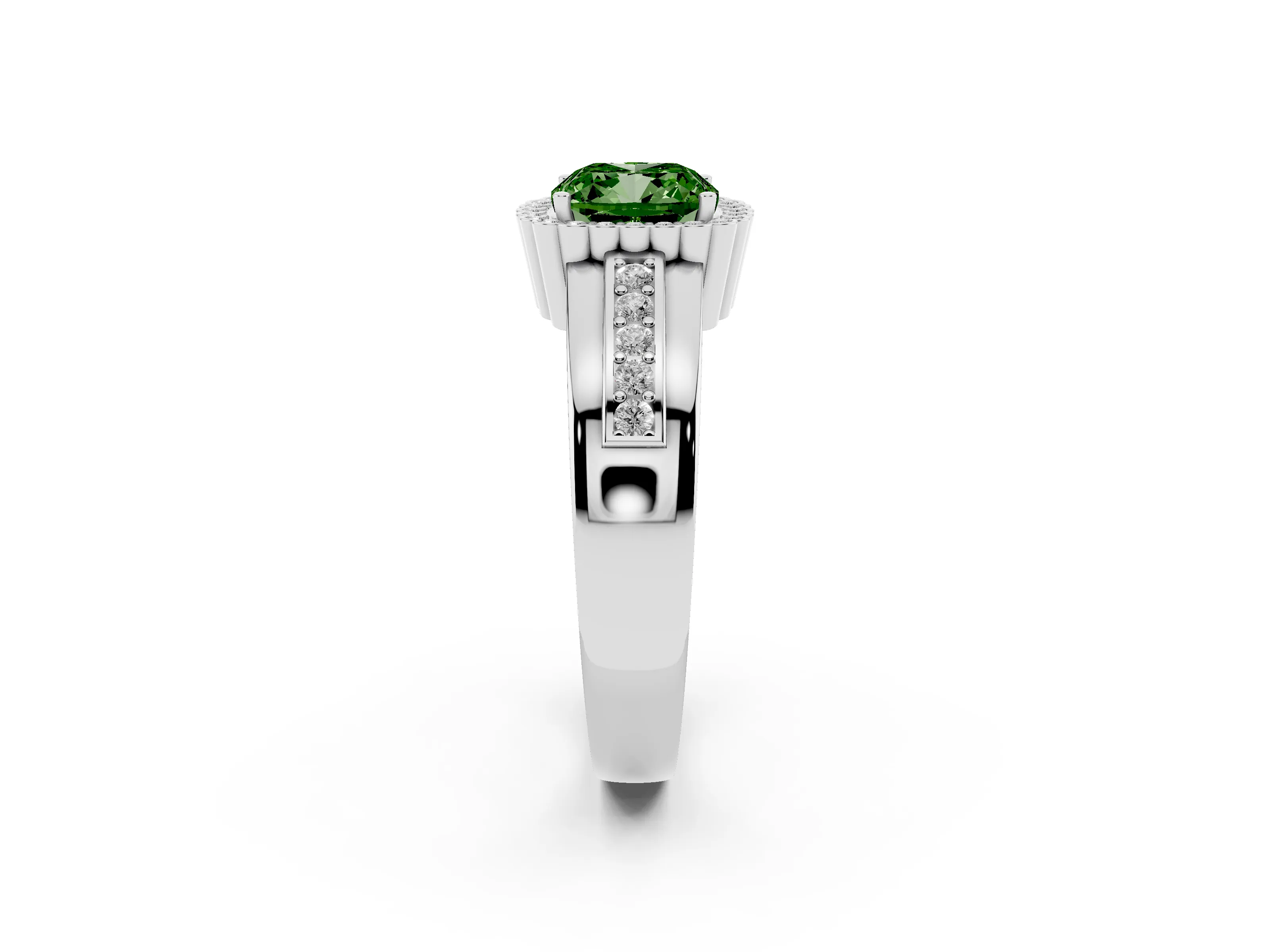 Fancy Green Cushion Cut Diamond Halo Prong Ring Set in Platinum with Pavé Band