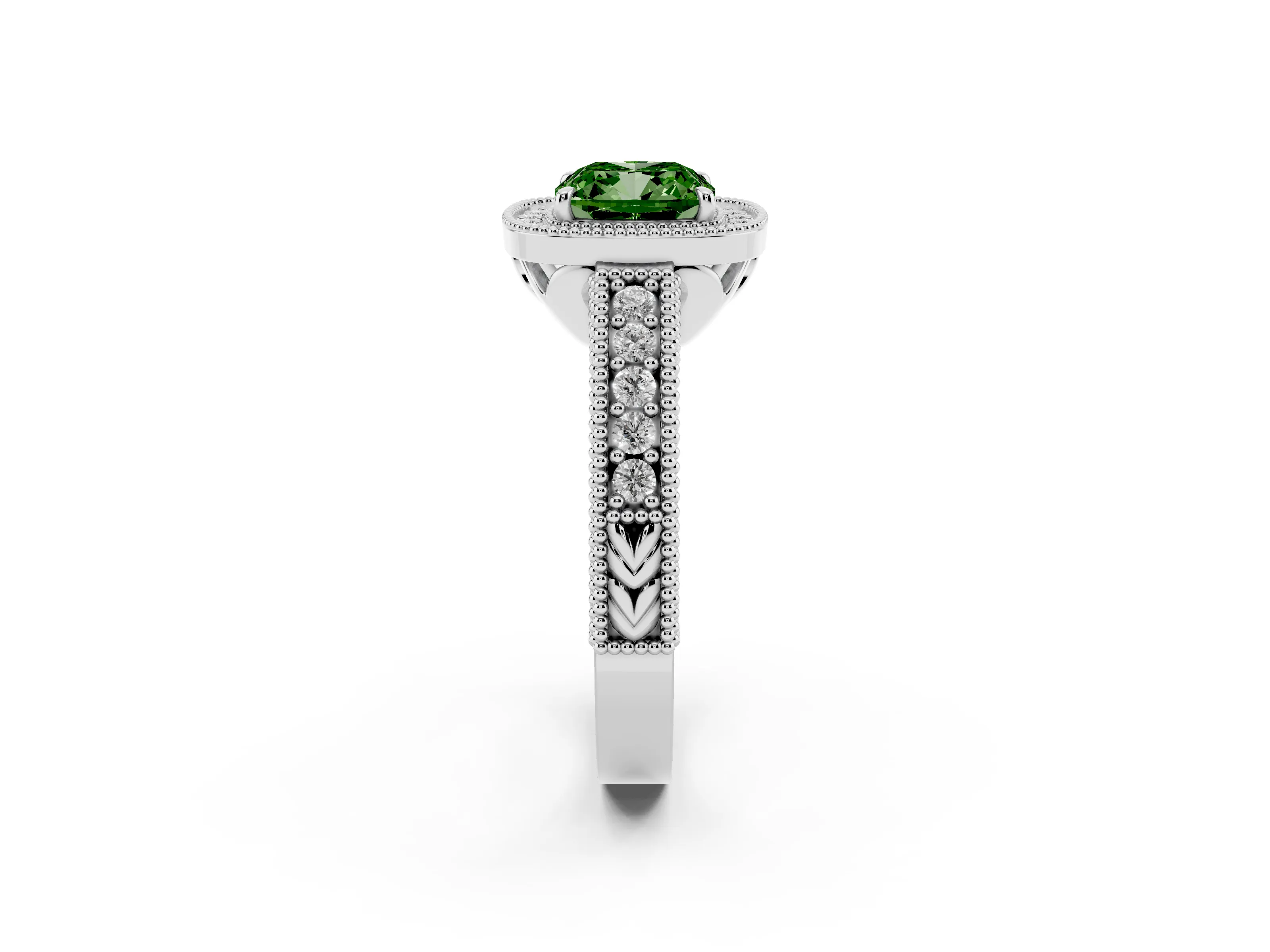 Fancy Green Cushion Cut Diamond Halo Ring Set in White gold with Round Accent Halo, Pavé Band and Prong Setting