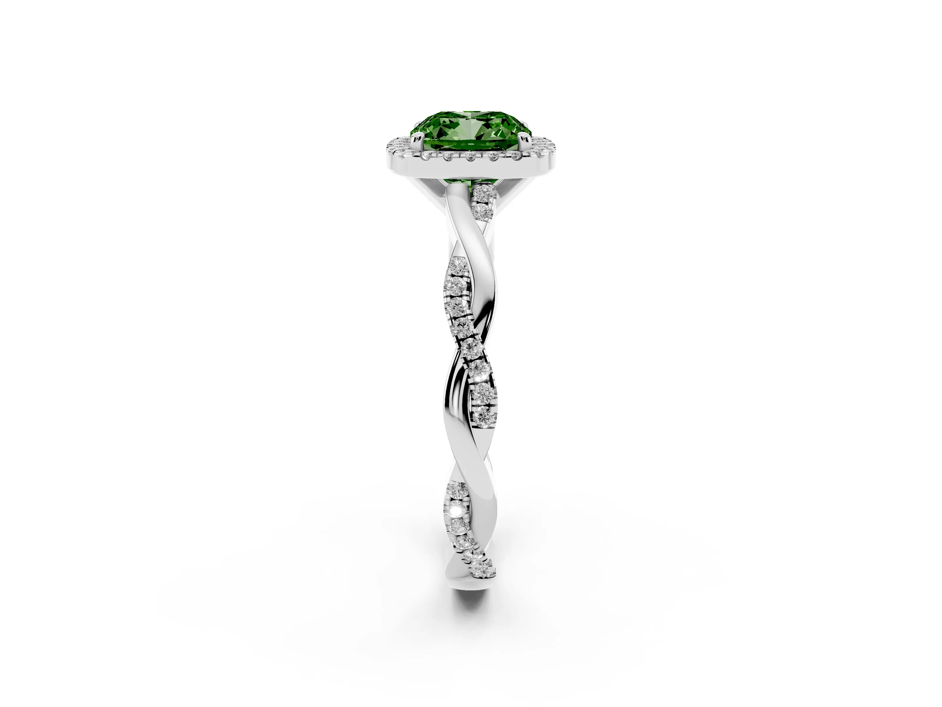 Fancy Green Cushion Cut Diamond Halo Twisted Band Ring Set in Platinum with Prong Setting