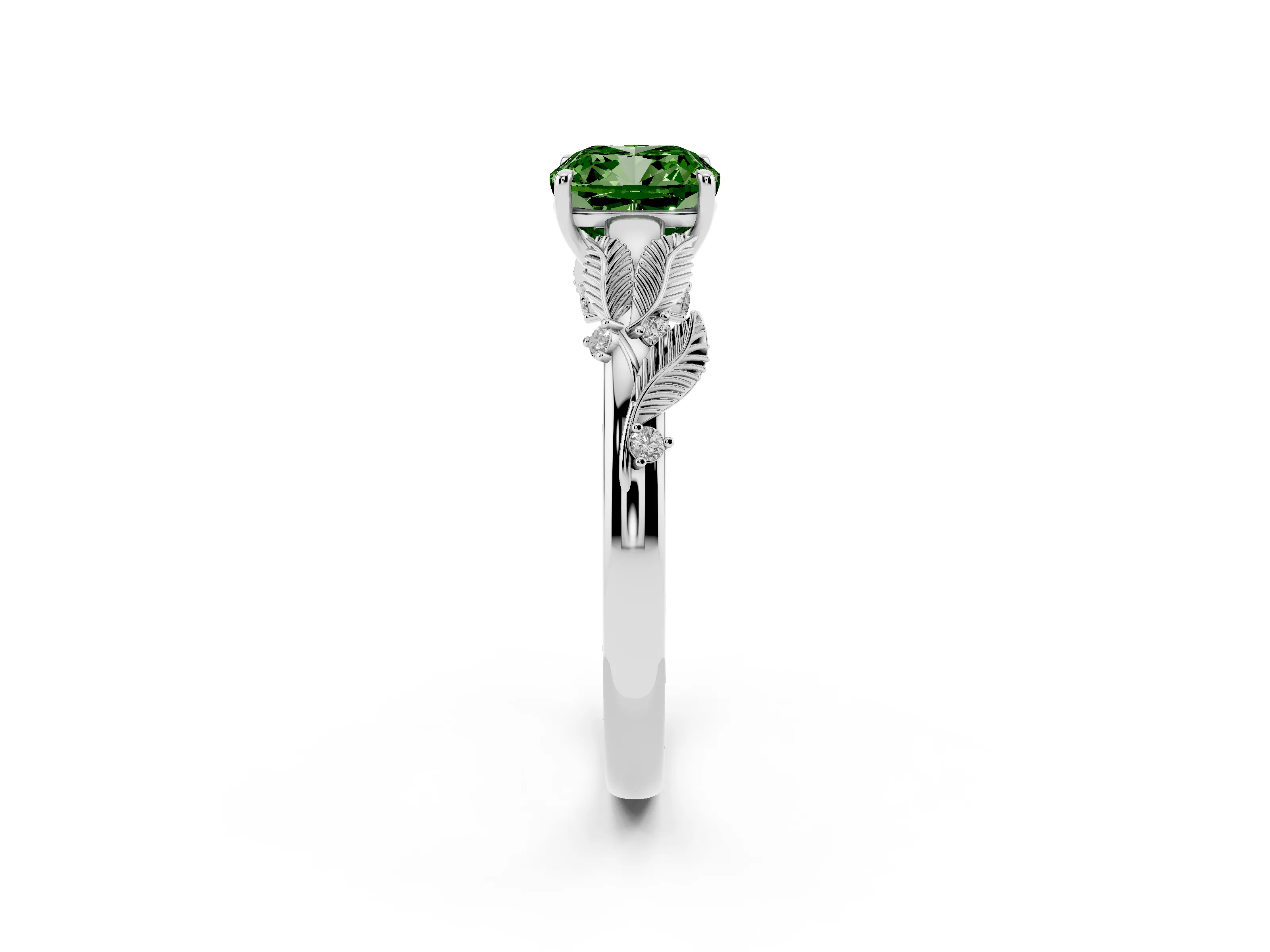 Fancy Green Cushion Cut Diamond Solitaire Ring Set in White gold with Leaf Motif Band