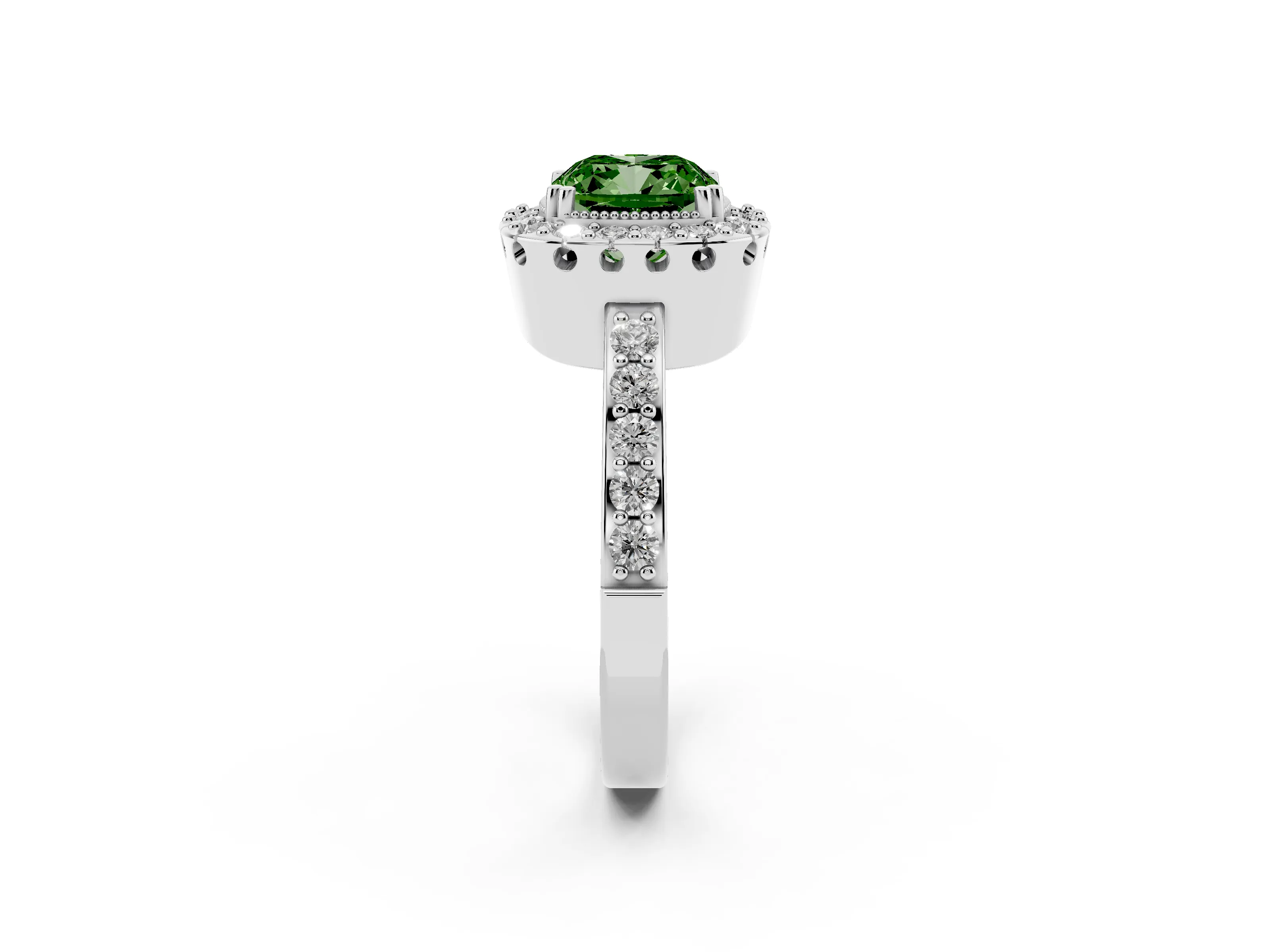 Fancy Green Cushion Cut Diamond Halo Ring Set in White gold with Pavé Shank and Prong Setting