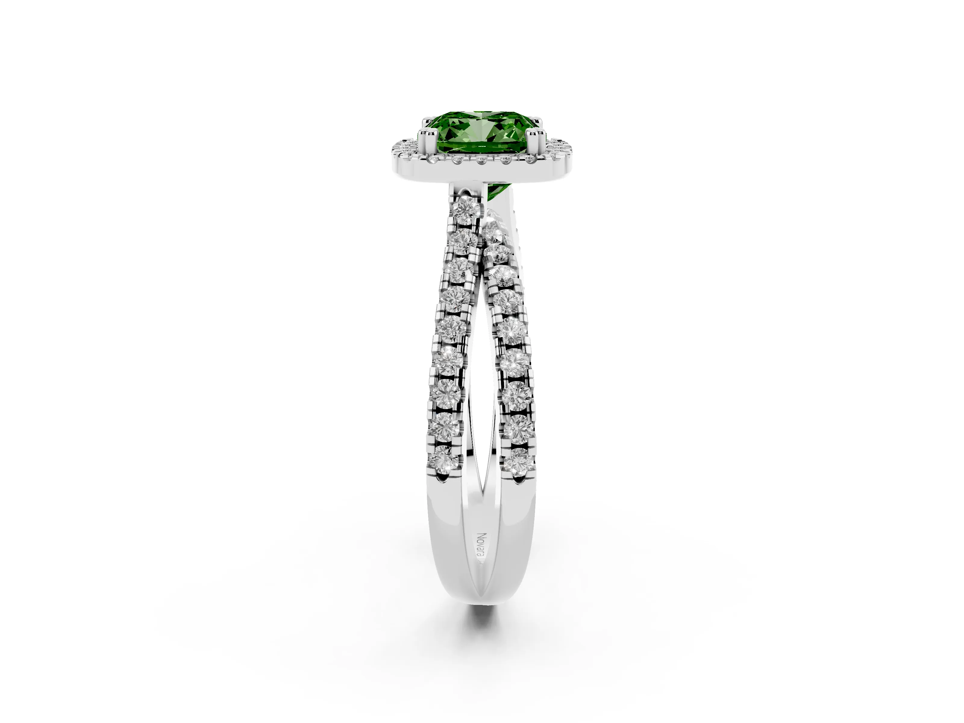 Fancy Green Cushion Cut Diamond Halo Split Shank Ring Set in Platinum with Pavé Setting
