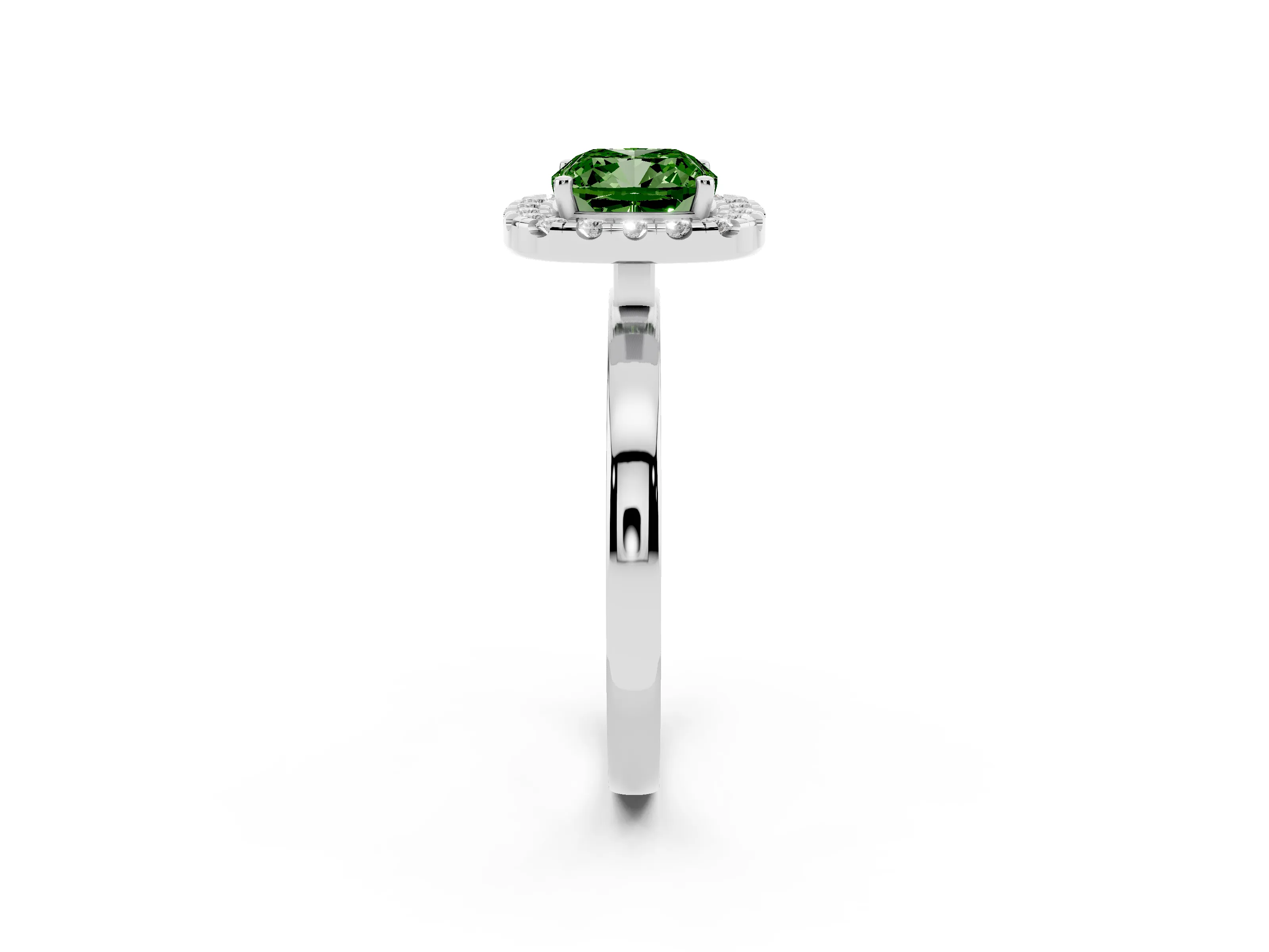 Fancy Green Cushion Cut Diamond Halo Solitaire Ring Set in Silver with Pavé Band and Prong Setting