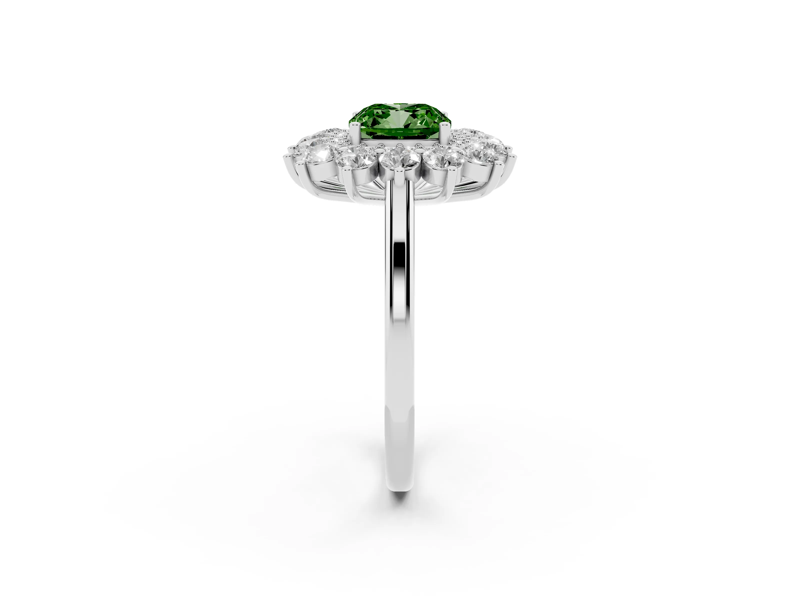 Fancy Green Cushion Cut Diamond Floral Double Halo Ring Set in White gold with Round Petals