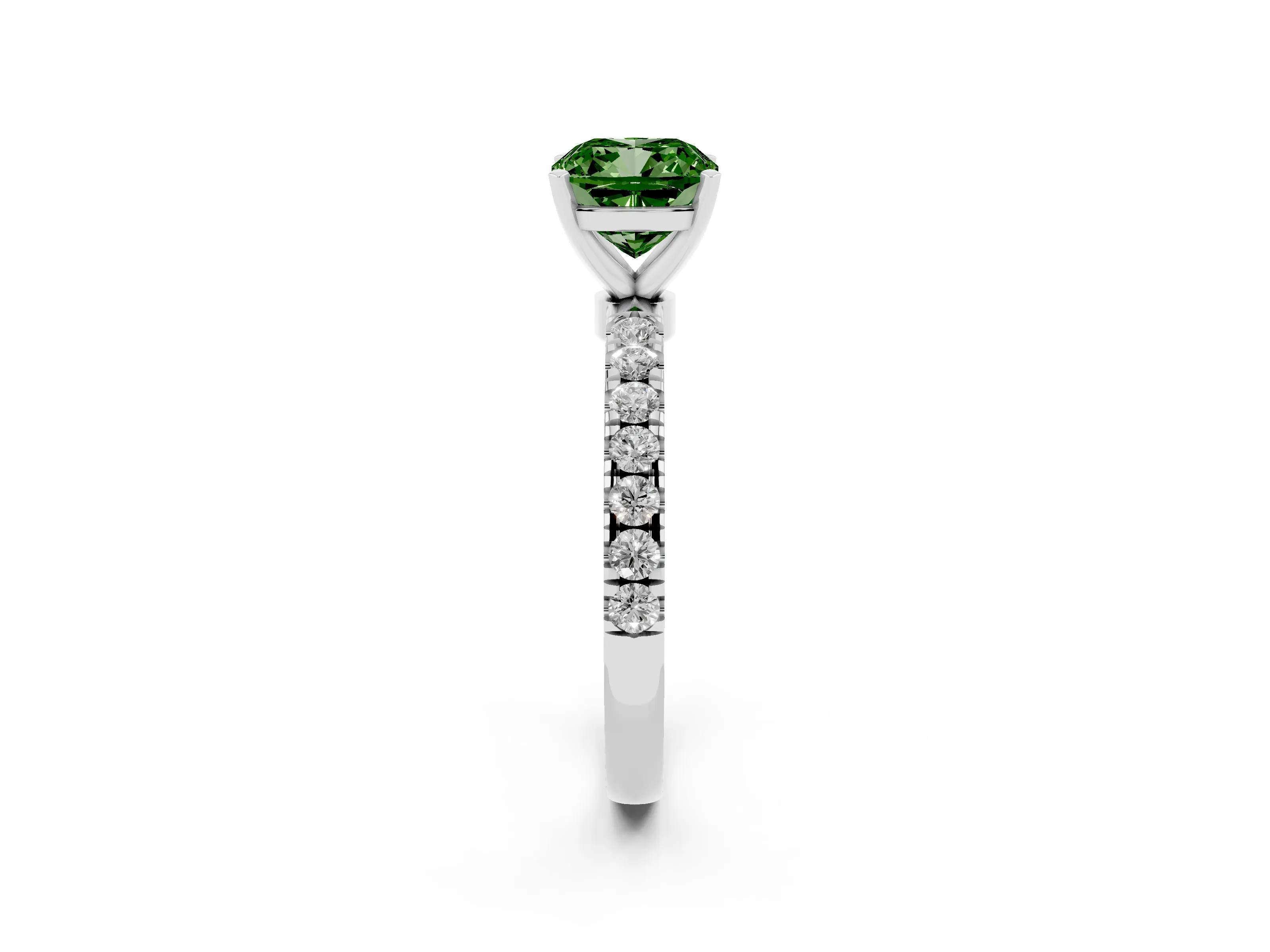 Fancy Green Cushion Cut Diamond Solitaire Ring Set in White gold with Pavé Accents and Prong Setting