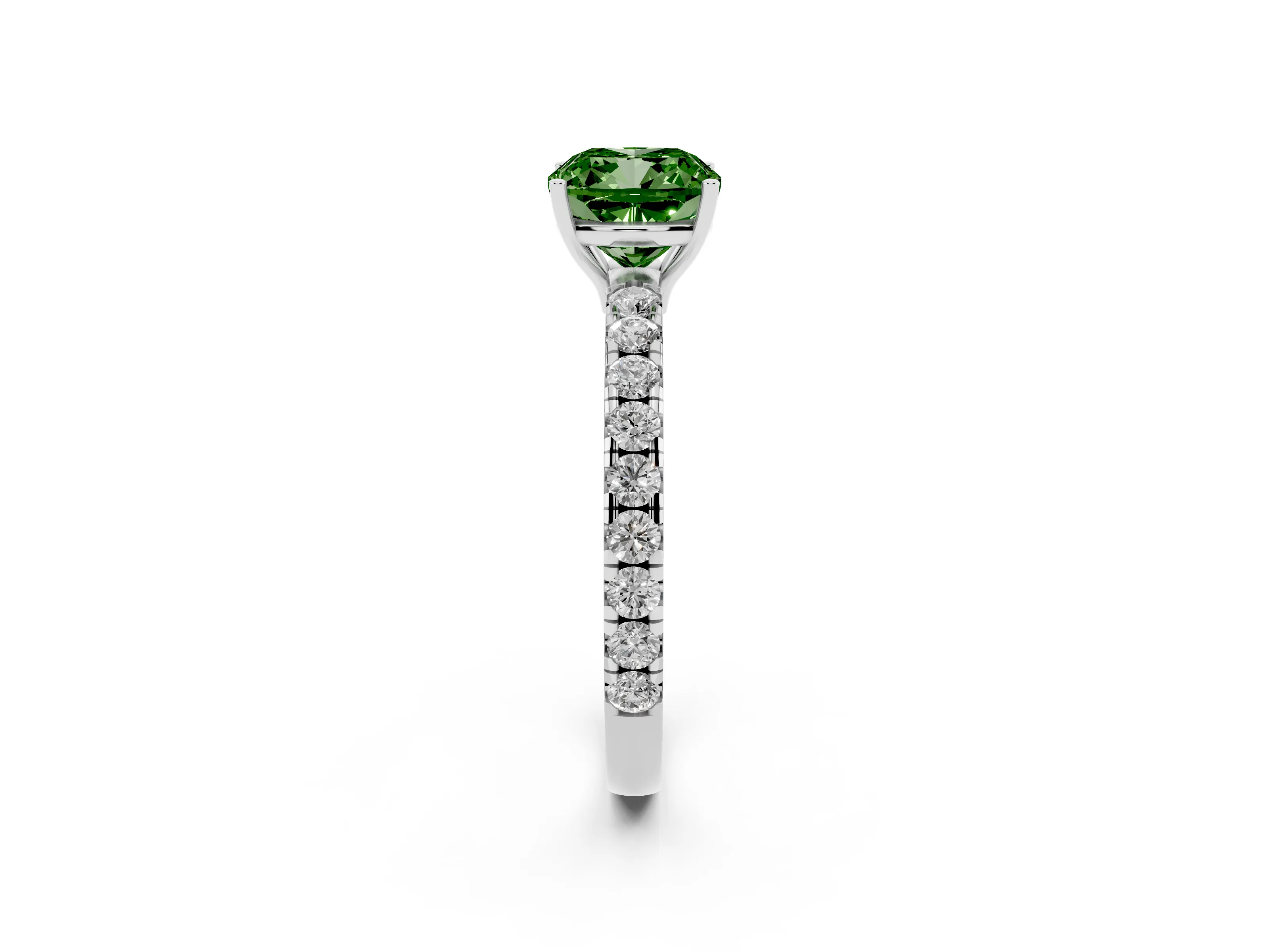 Fancy Green Cushion Cut Diamond Pavé Solitaire Engagement Ring Set in Platinum with Prong Setting