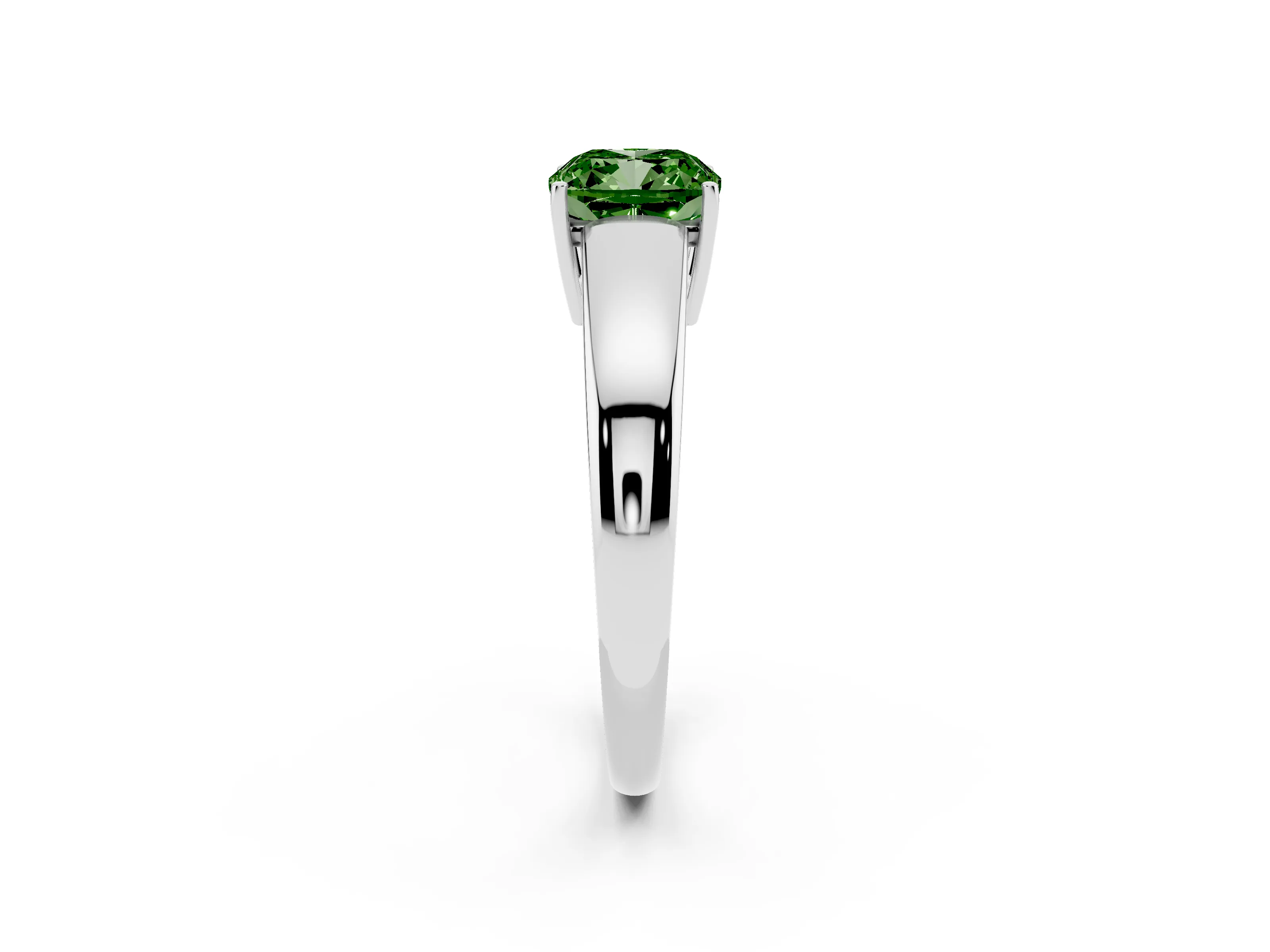 Fancy Green Cushion Cut Diamond Solitaire Ring Set in White gold with Tapered Band and Prong Setting