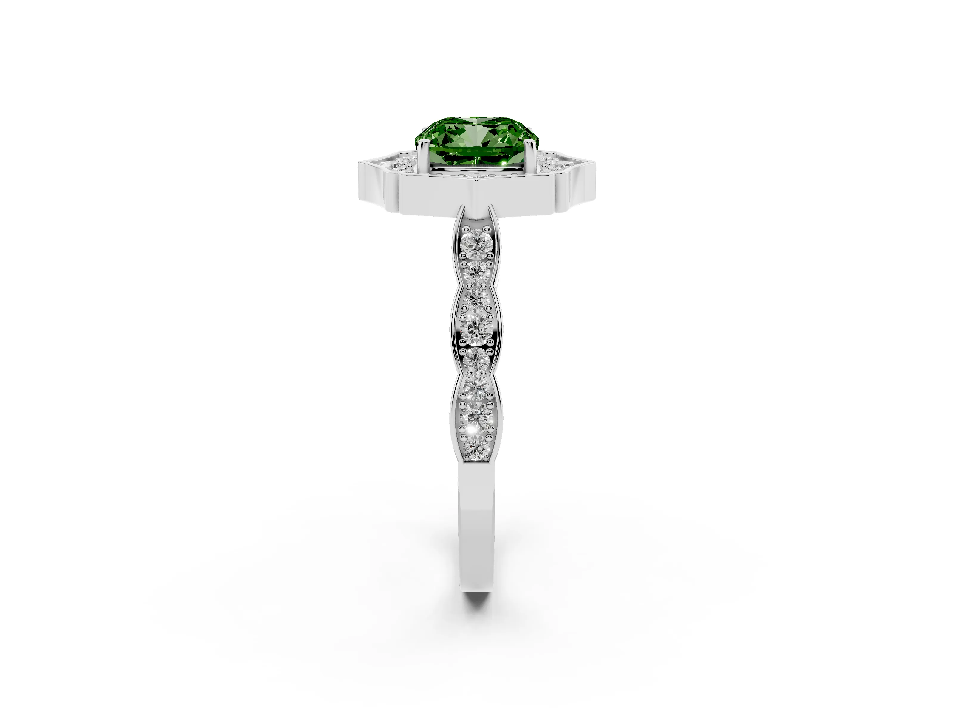 Fancy Green Cushion Cut Diamond Halo Engagement Ring Set in Platinum with Milgrain Band and Prong Setting