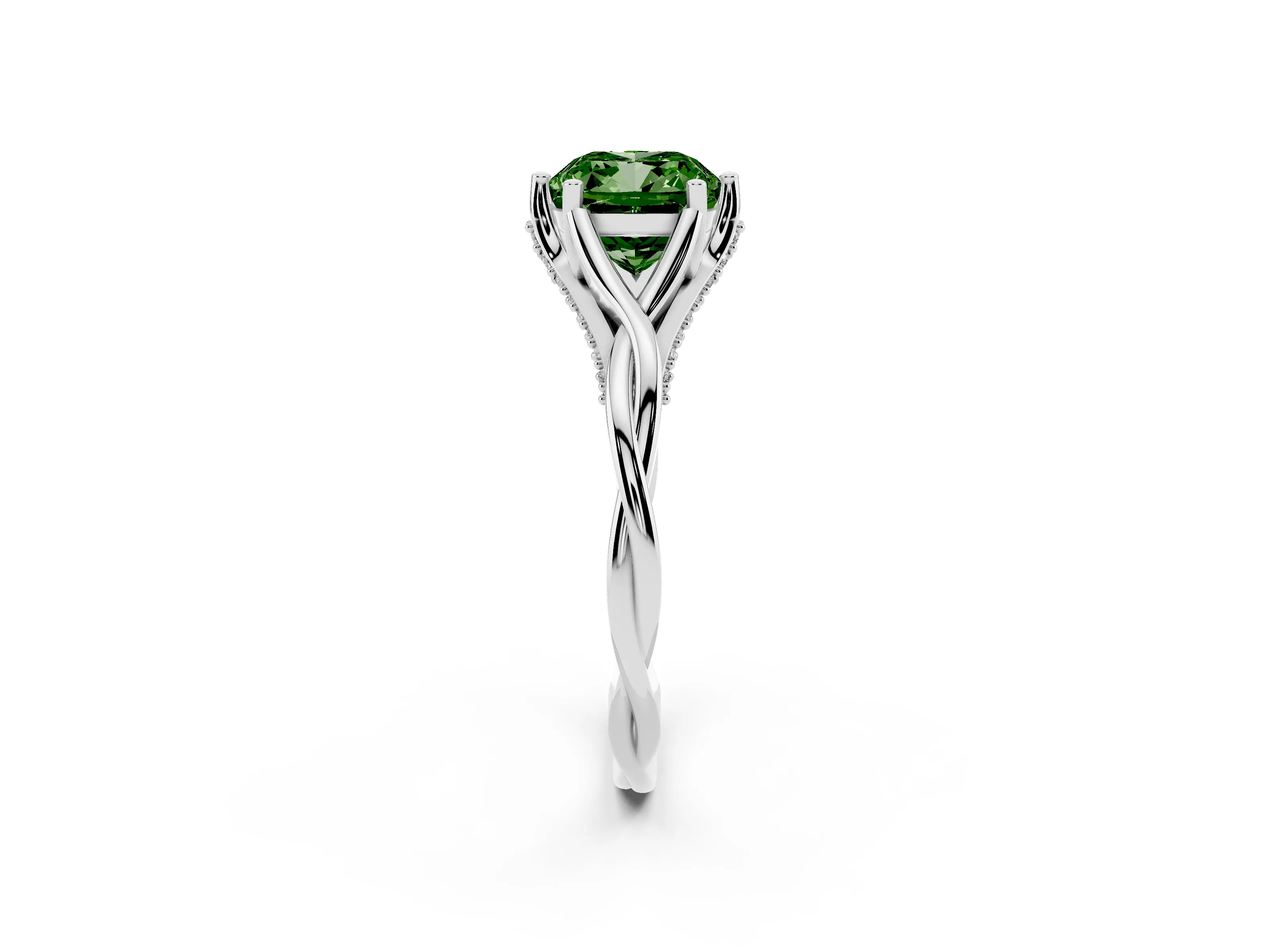 Fancy Green Cushion Cut Diamond Intertwined Twist Band Solitaire Ring Set in White gold with Prong Setting