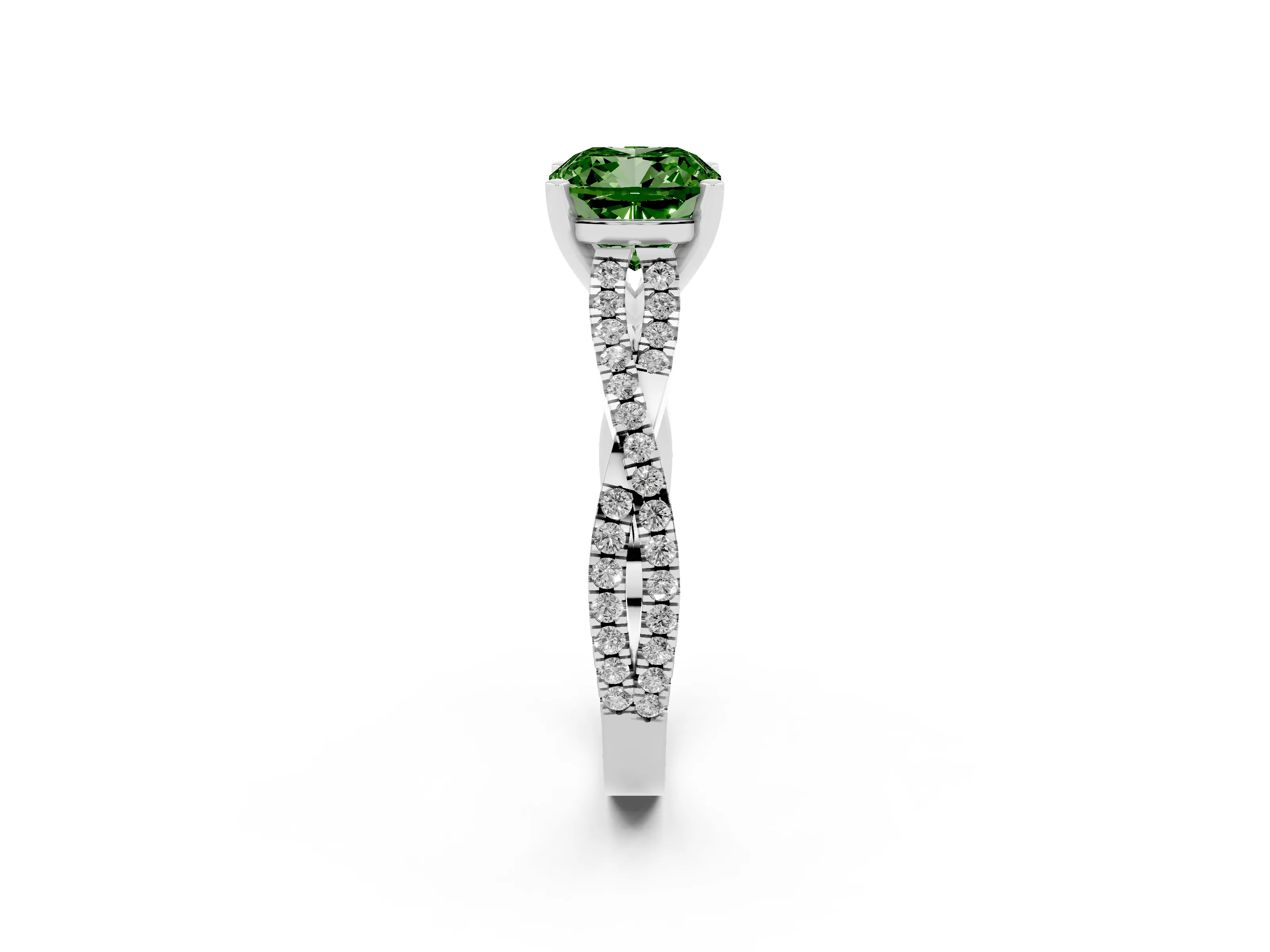 Fancy Green Cushion Cut Diamond Solitaire Engagement Ring Set in White gold with Twisted Pavé Band and Prong Setting