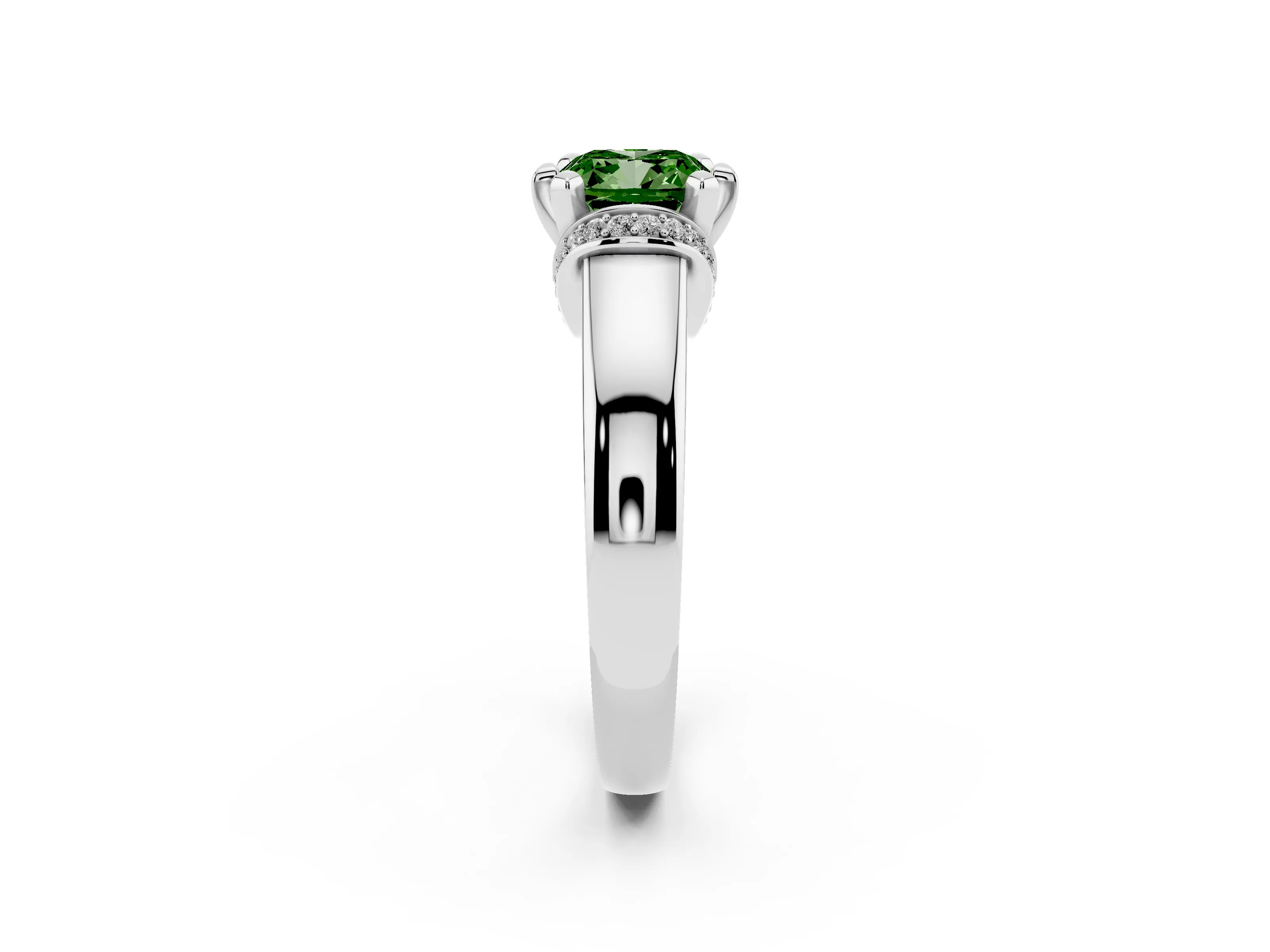 Fancy Green Cushion Cut Diamond Pavé Band Solitaire Ring Set in Silver with Prong Setting