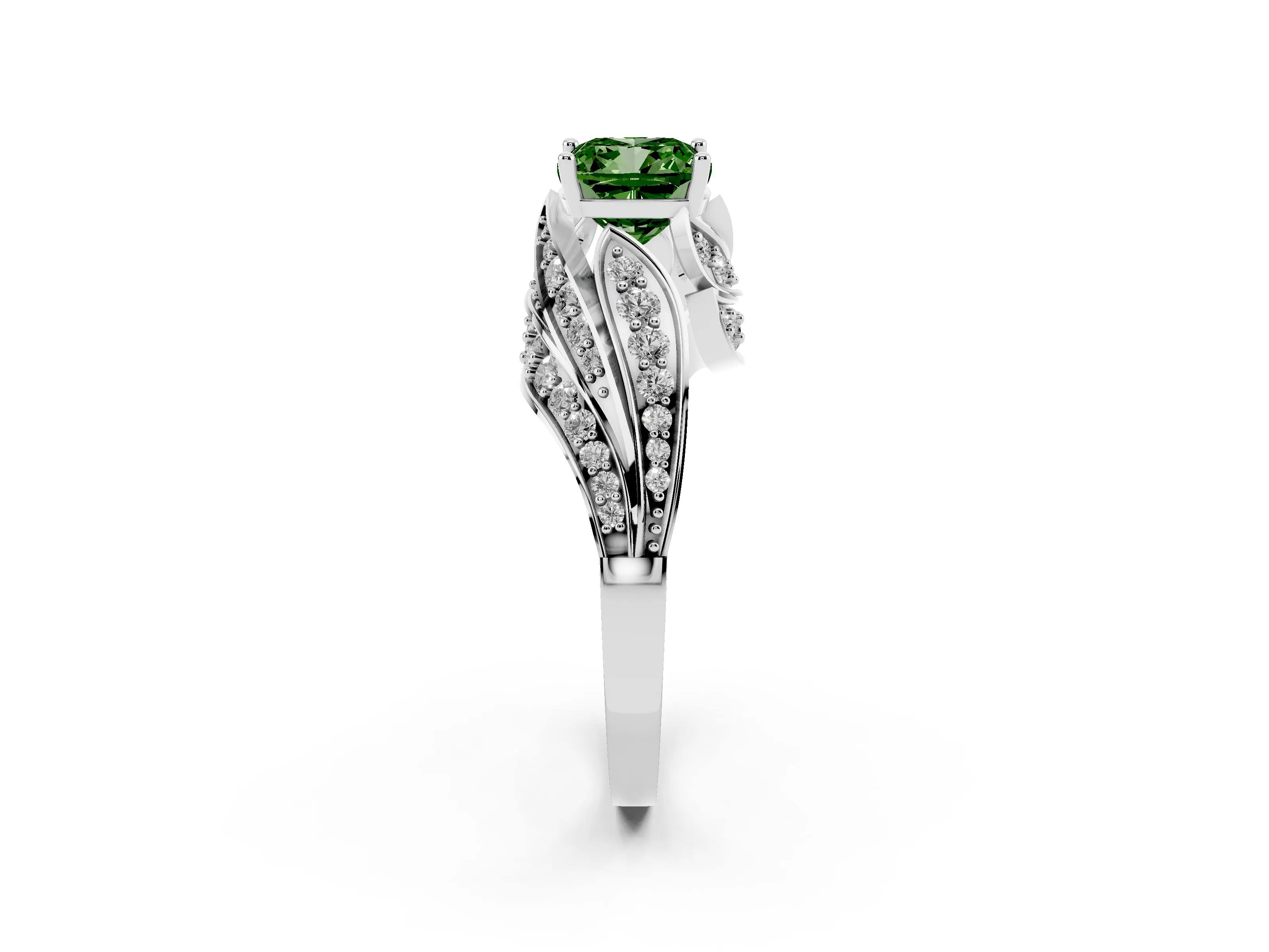 Fancy Green Cushion Cut Diamond Solitaire Ring Set in Silver with Layered Twist Pavé Band