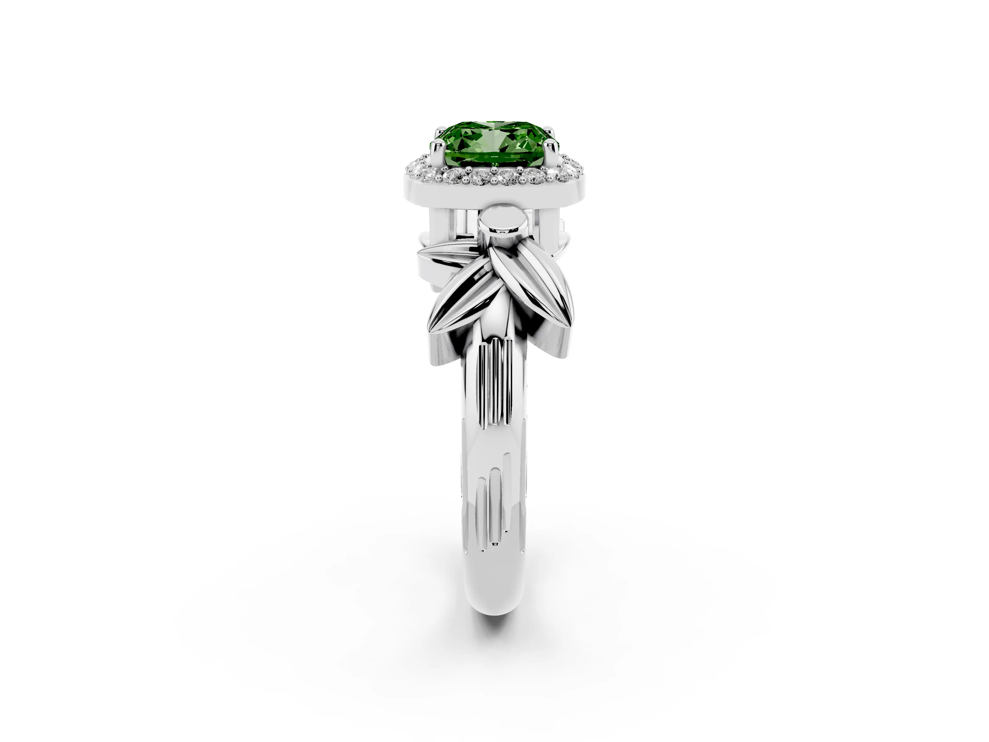 Fancy Green Cushion Cut Diamond Halo Floral Band Ring Set in Platinum with Prong Setting
