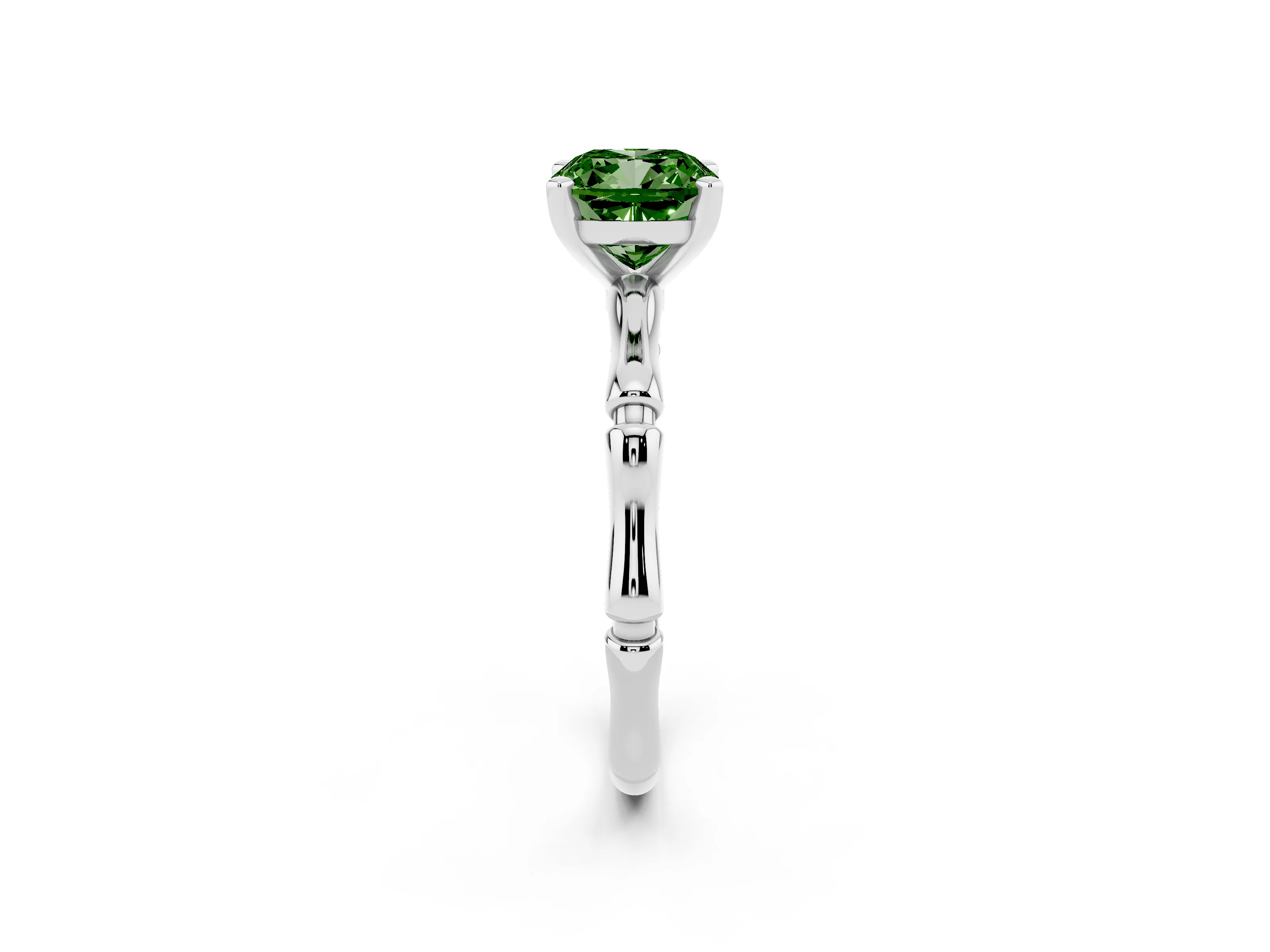 Fancy Green Cushion Cut Diamond Solitaire Ring Set in Silver with Bamboo Band and Prong Setting
