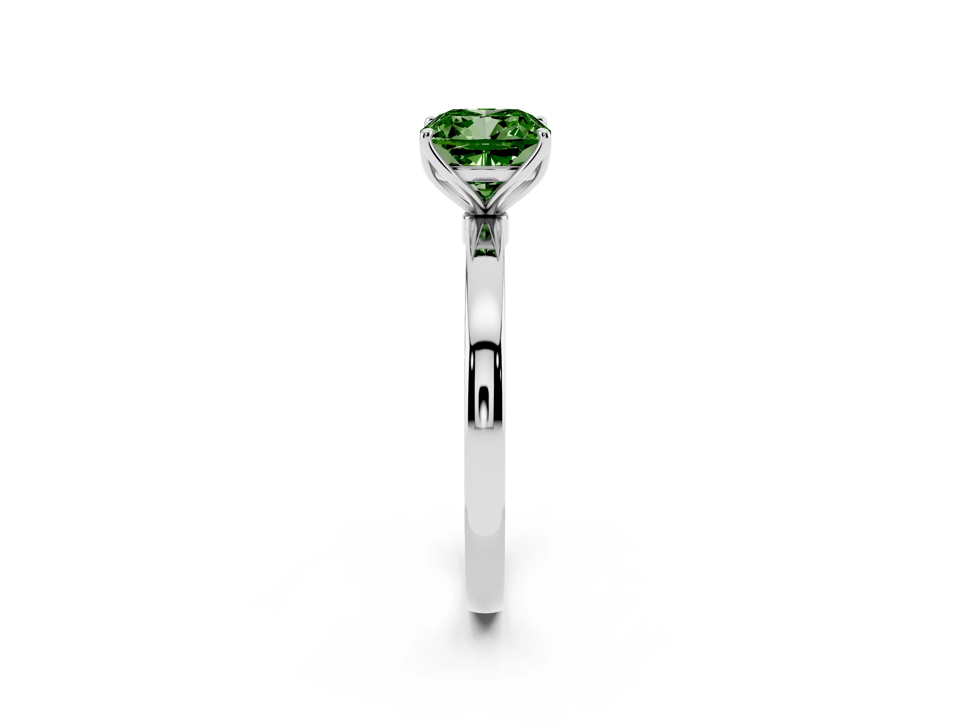 Fancy Green Cushion Cut Diamond Solitaire Ring Set in White gold with Prong Setting and Thin Polished Band