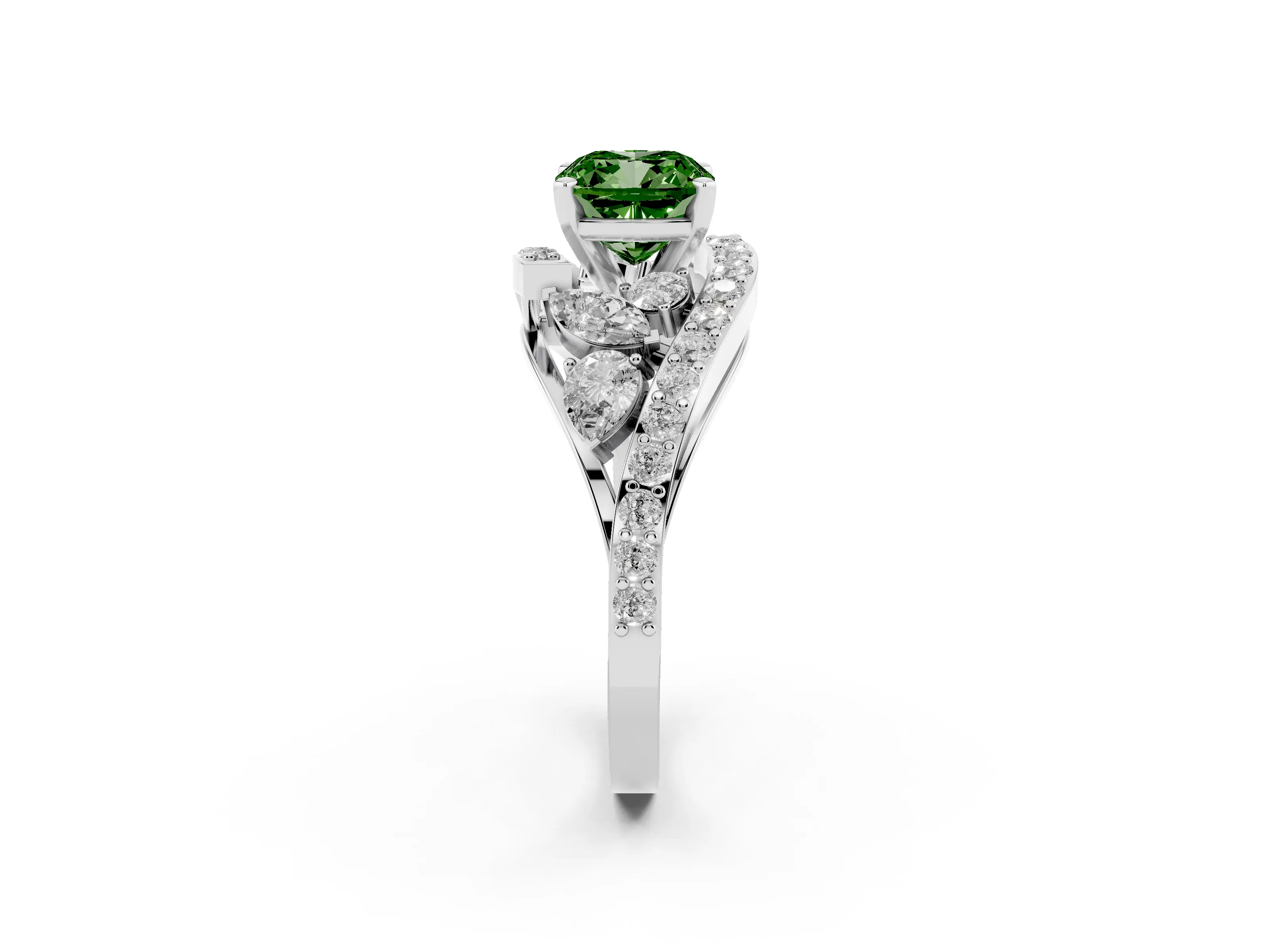 Fancy Green Cushion Cut Diamond Halo Ring Set in Silver with Marquise and Pavé Band in Prong Setting