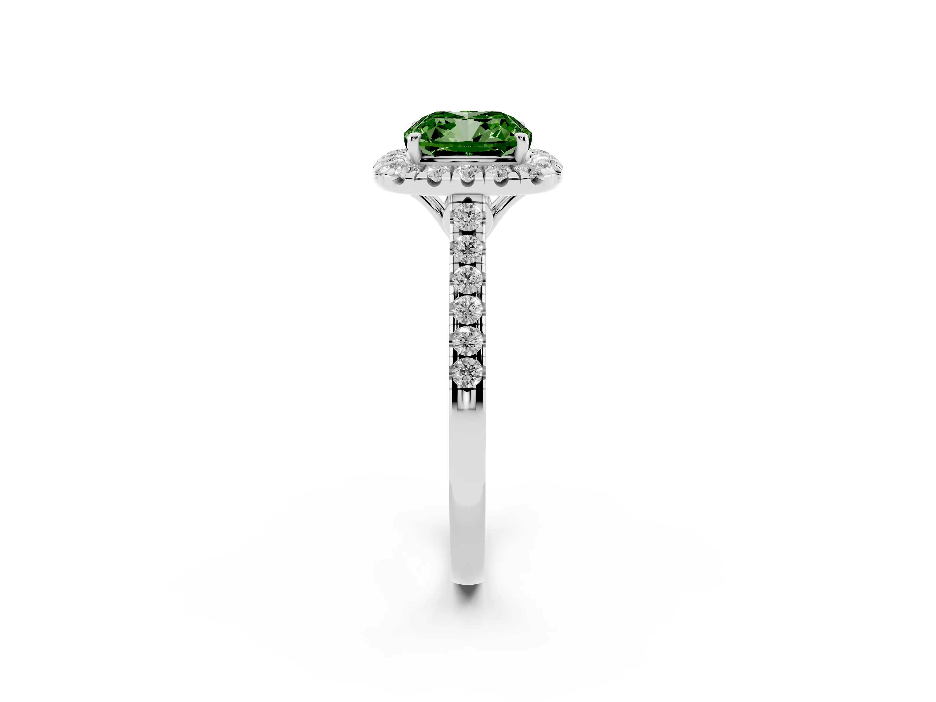 Fancy Green Cushion Cut Diamond Pavé Halo Engagement Ring Set in White gold with Pavé Band and Prong Setting
