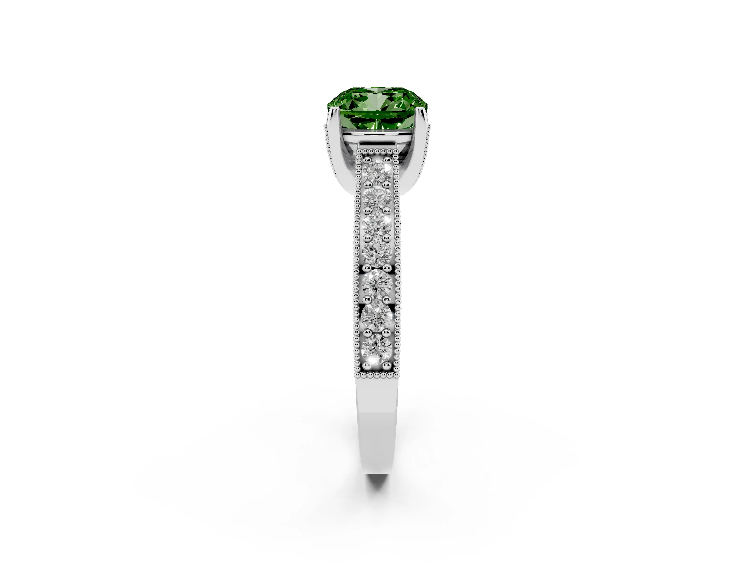 Fancy Green Cushion Cut Diamond Solitaire Ring Set in Silver with Milgrain-Edged Pavé Band and Prong Setting