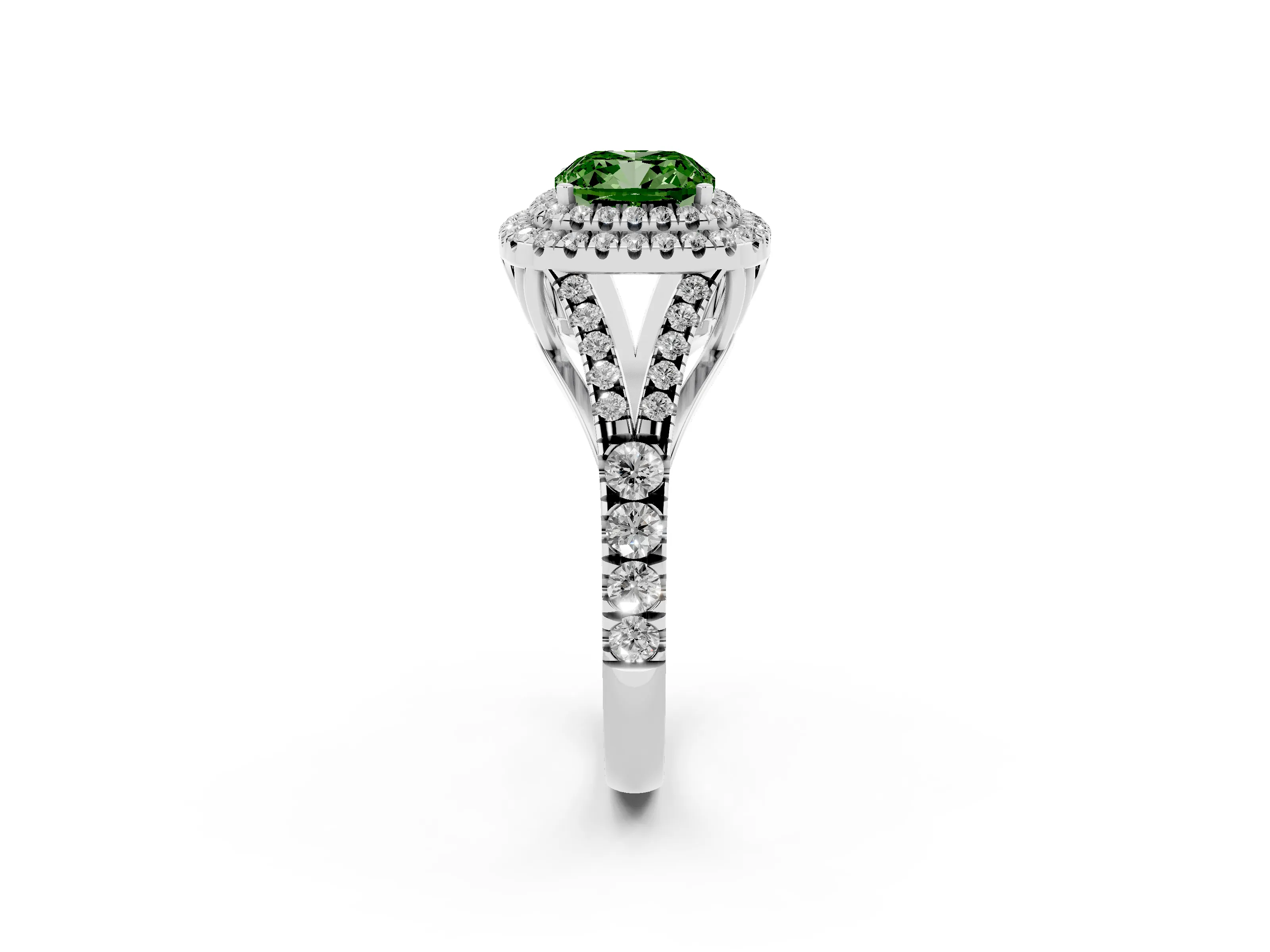 Fancy Green Cushion Cut Diamond Pavé Split Shank Double Halo Engagement Ring Set in Silver