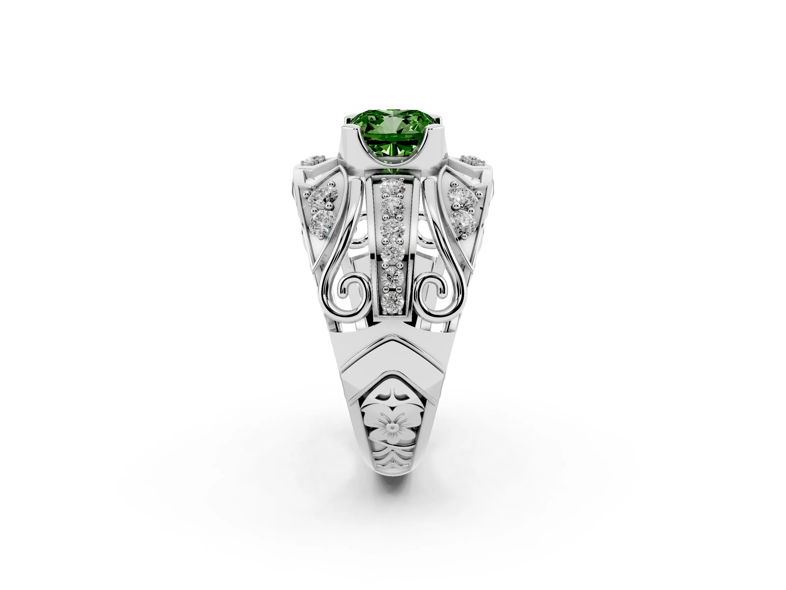 Fancy Green Cushion Cut Diamond Art Deco Ring Set in Platinum with Pavé Split Shank