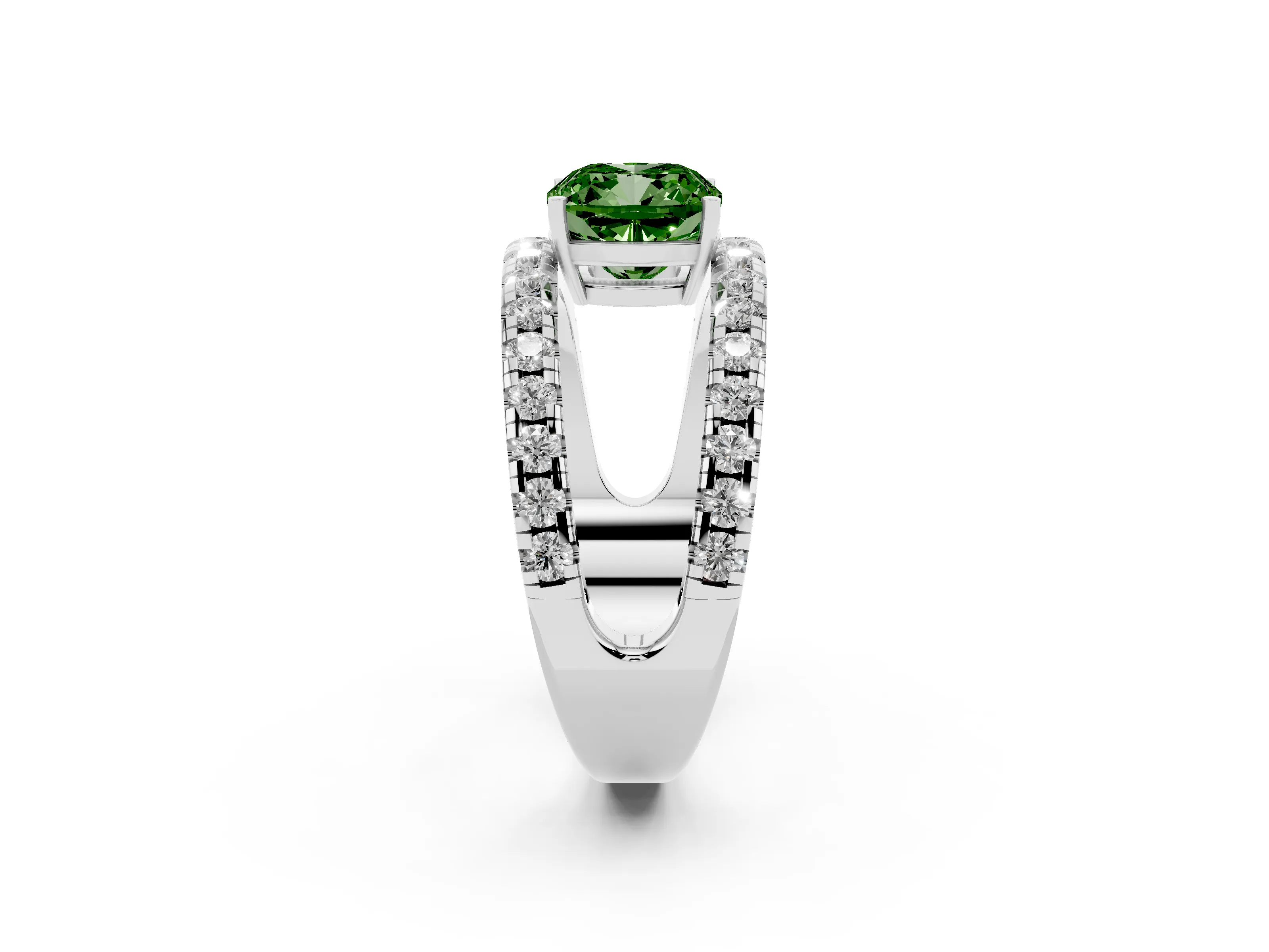 Fancy Green Cushion Cut Diamond Split Shank Pavé Solitaire Ring Set in Platinum with Open Shank Design