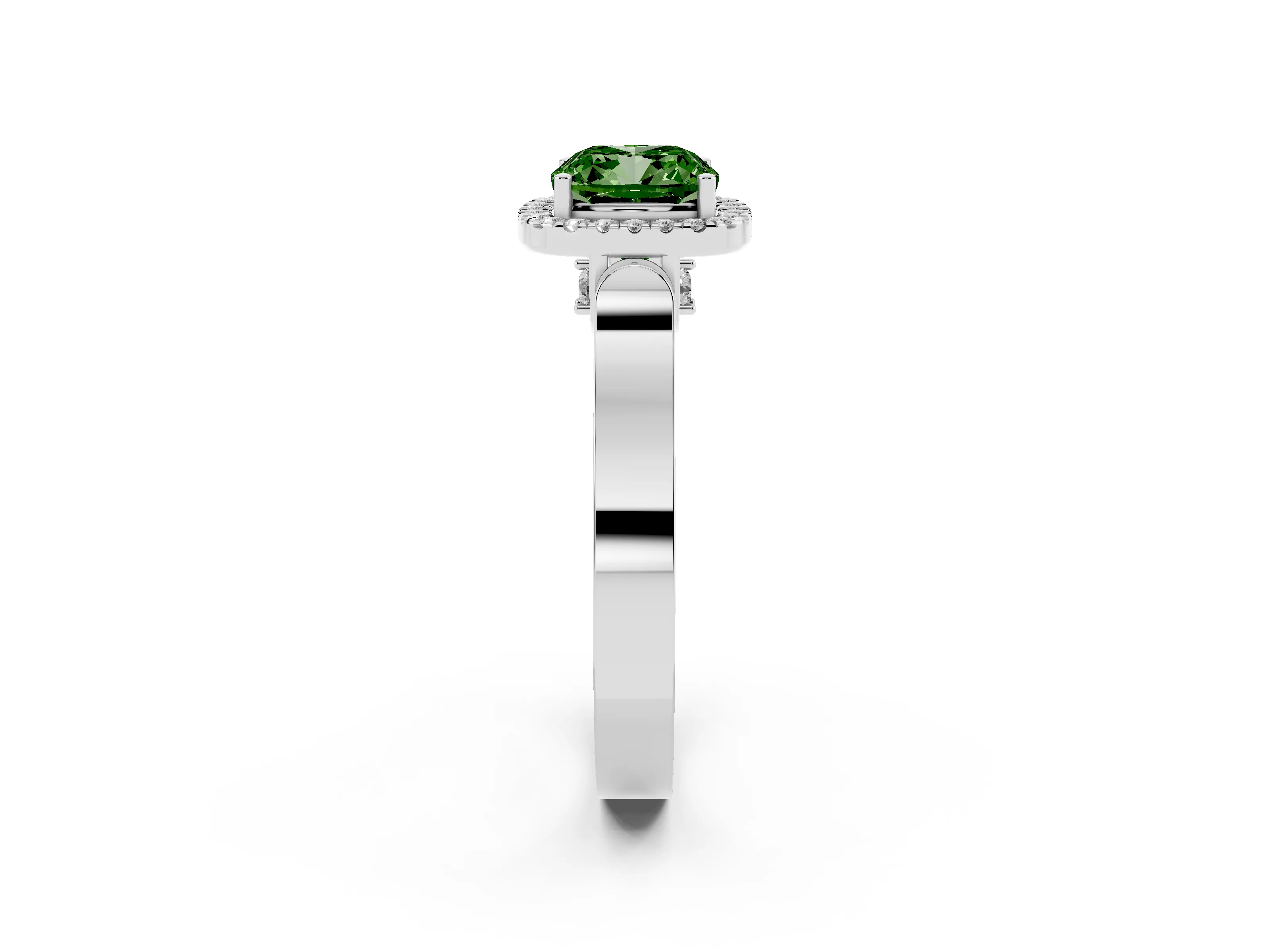 Fancy Green Cushion Cut Diamond Halo Ring Set in Silver with Pavé-Lined Split Shank Band