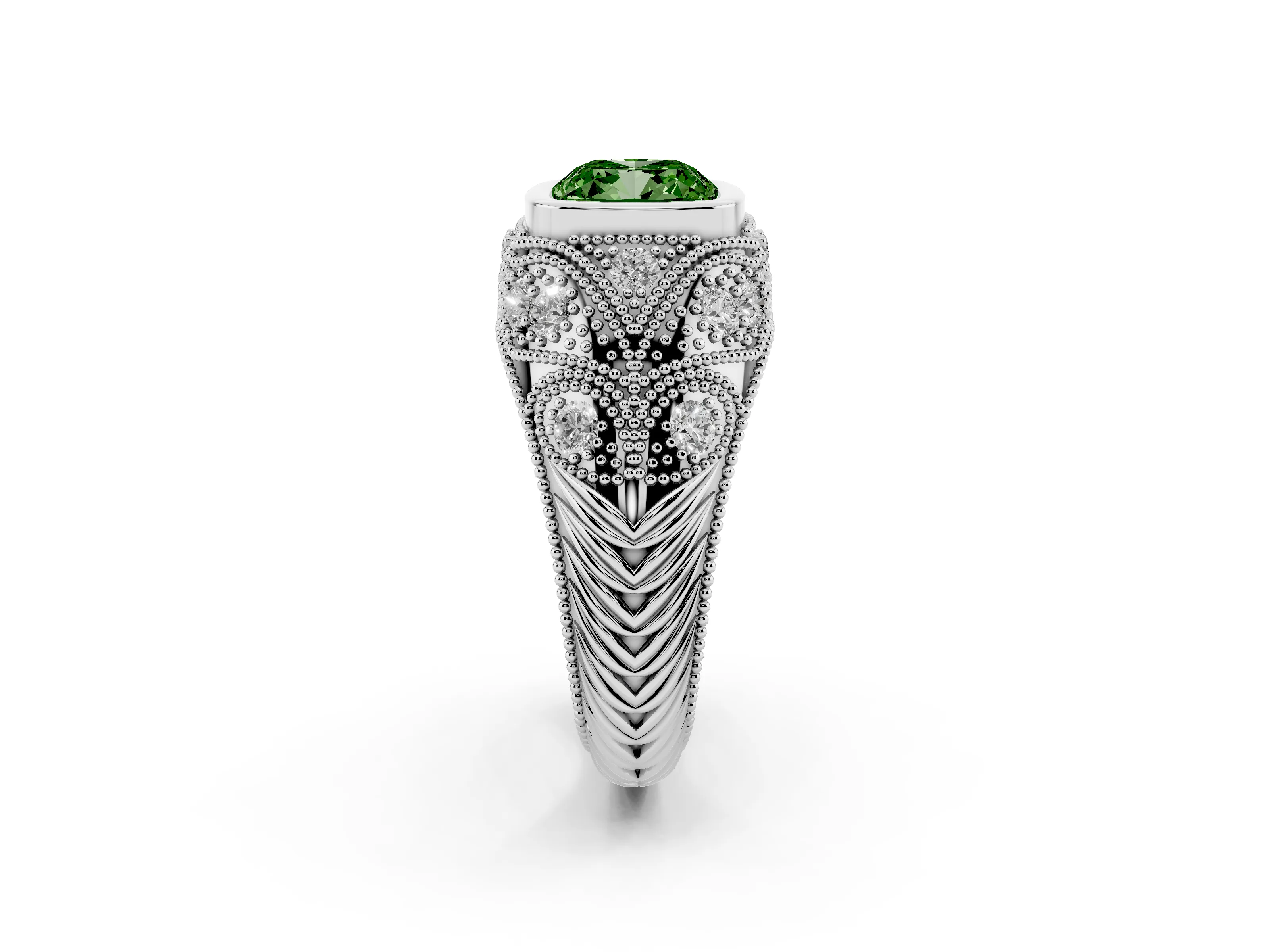 Fancy Green Cushion Cut Diamond Bezel Ring Set in Silver with Milgrain Accent Band