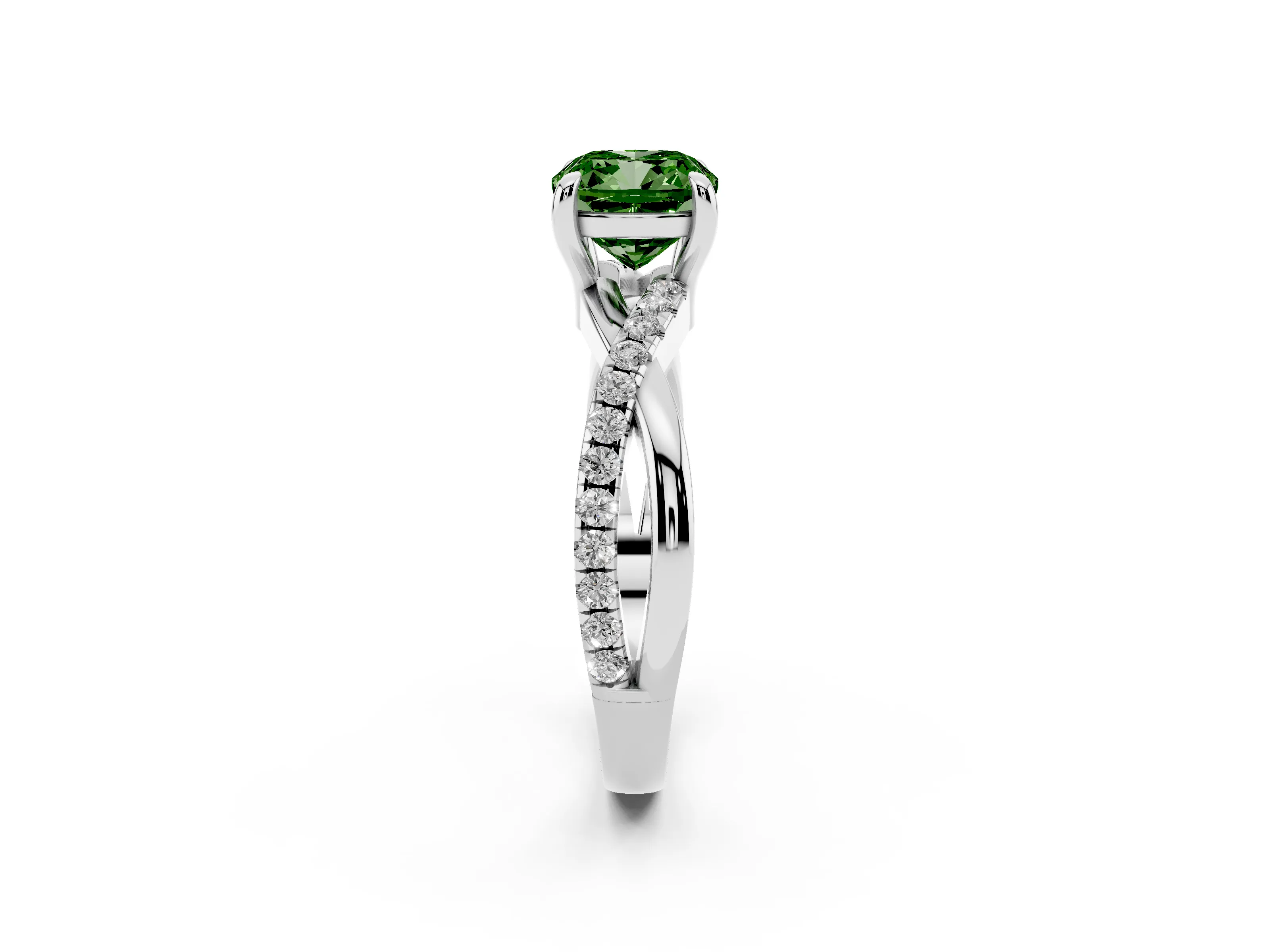 Fancy Green Cushion Cut Diamond Twist Band Pavé Solitaire Ring Set in Silver with Prong Setting