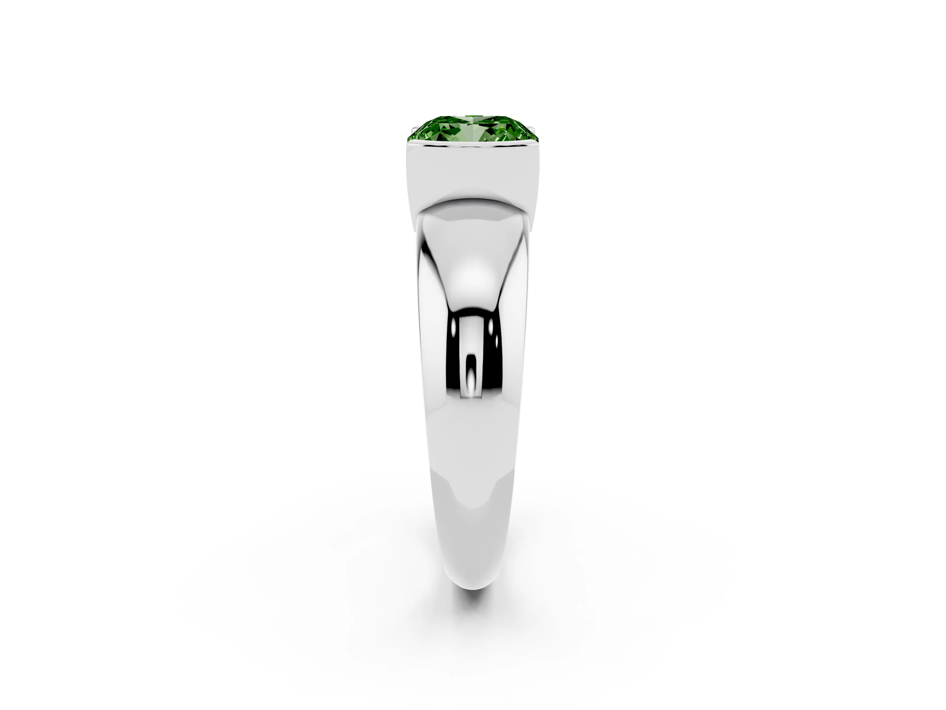 Fancy Green Cushion Cut Diamond Solitaire Tension Set Ring Set in White gold with Wide Band
