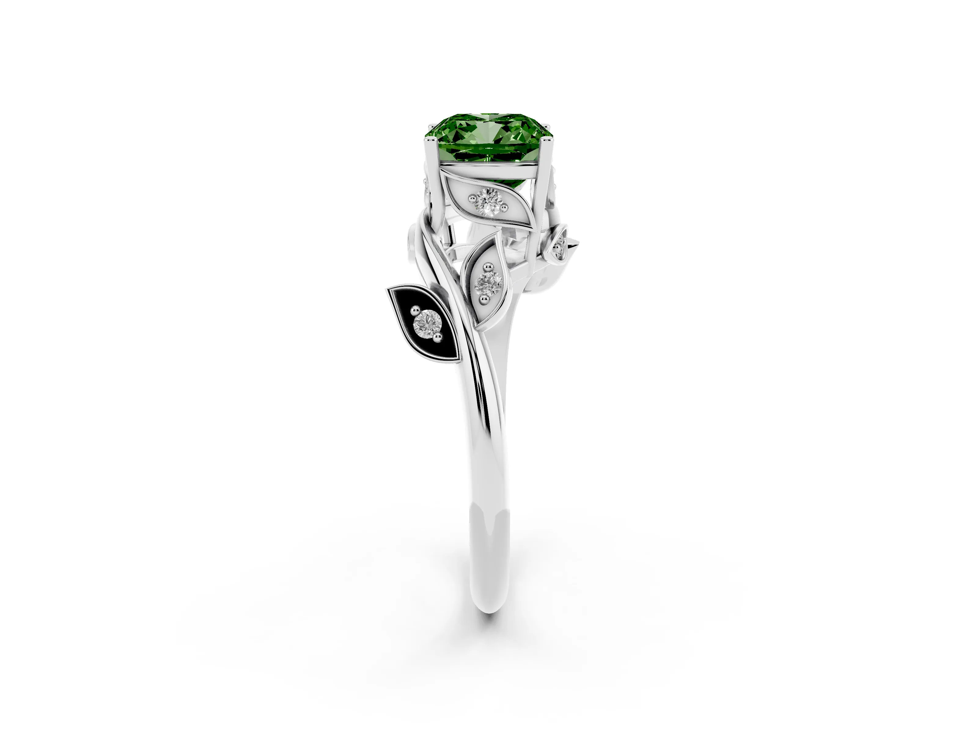 Fancy Green Cushion Cut Diamond Solitaire Twist Engagement Ring Set in Platinum with Pavé Leaf Accents