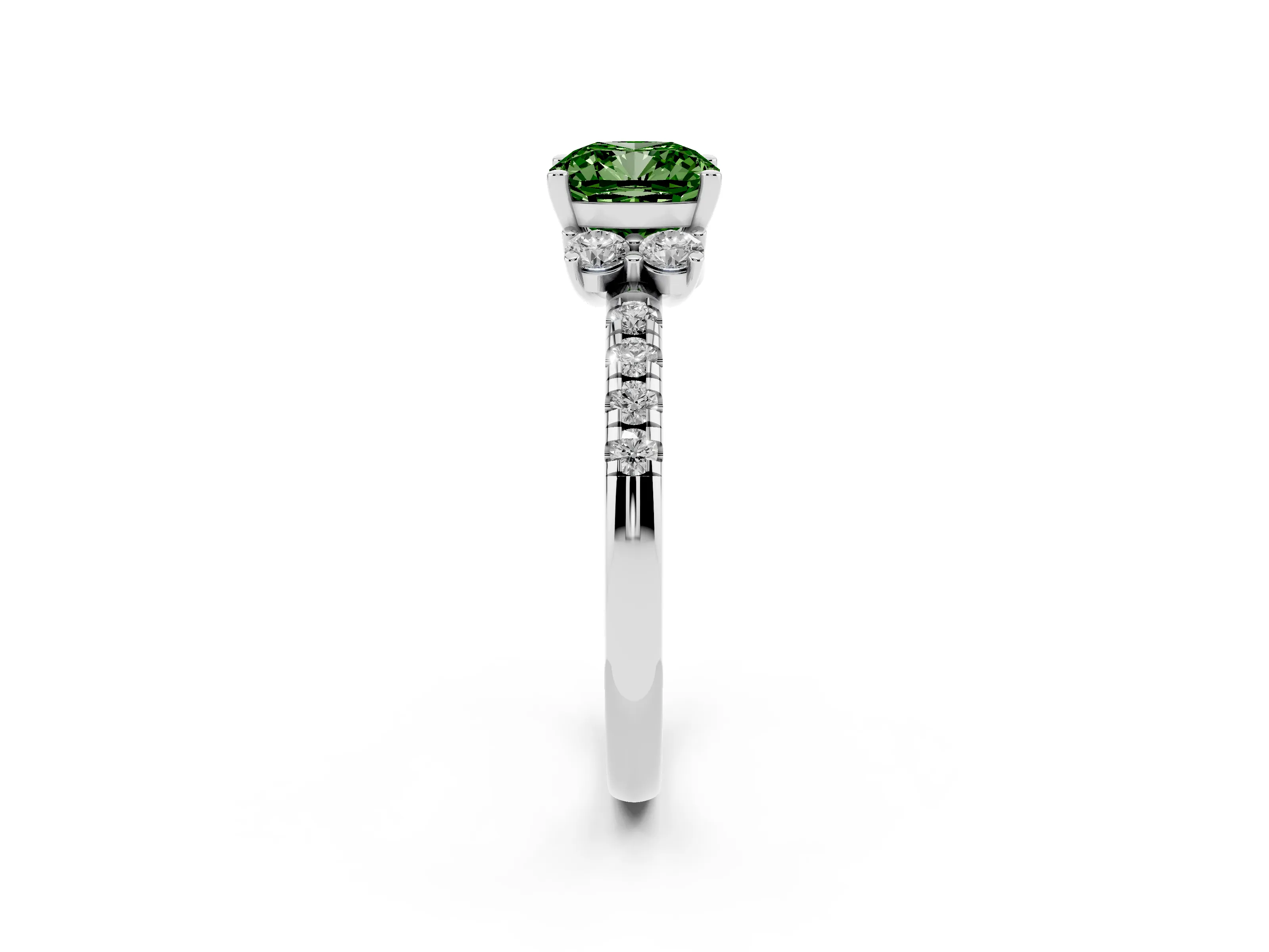 Fancy Green Cushion Cut Diamond Three-Stone Pavé Ring Set in Platinum with Prong Setting