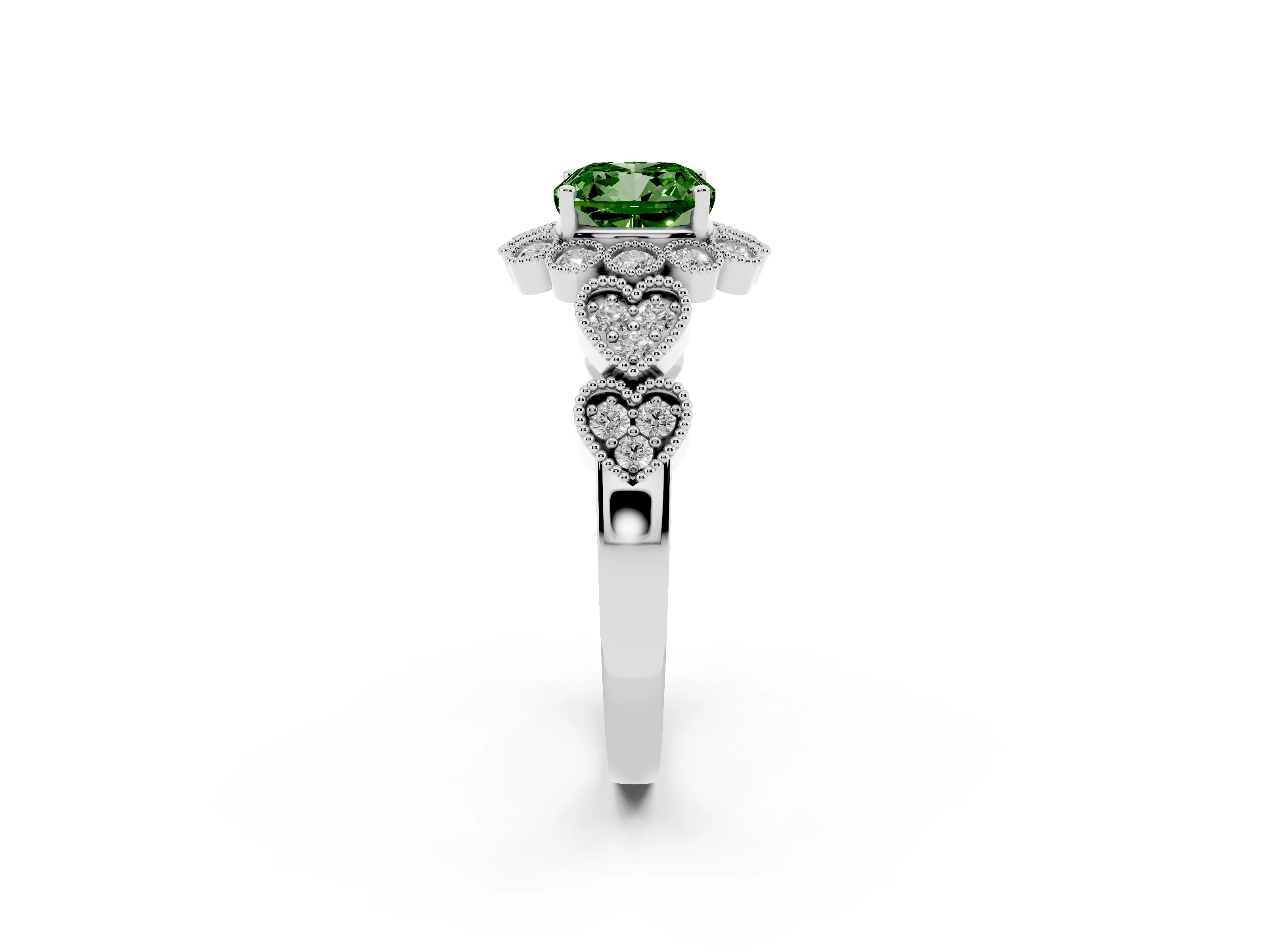 Fancy Green Cushion Cut Diamond Solitaire Ring Set in White gold with Milgrain Pavé Heart Band