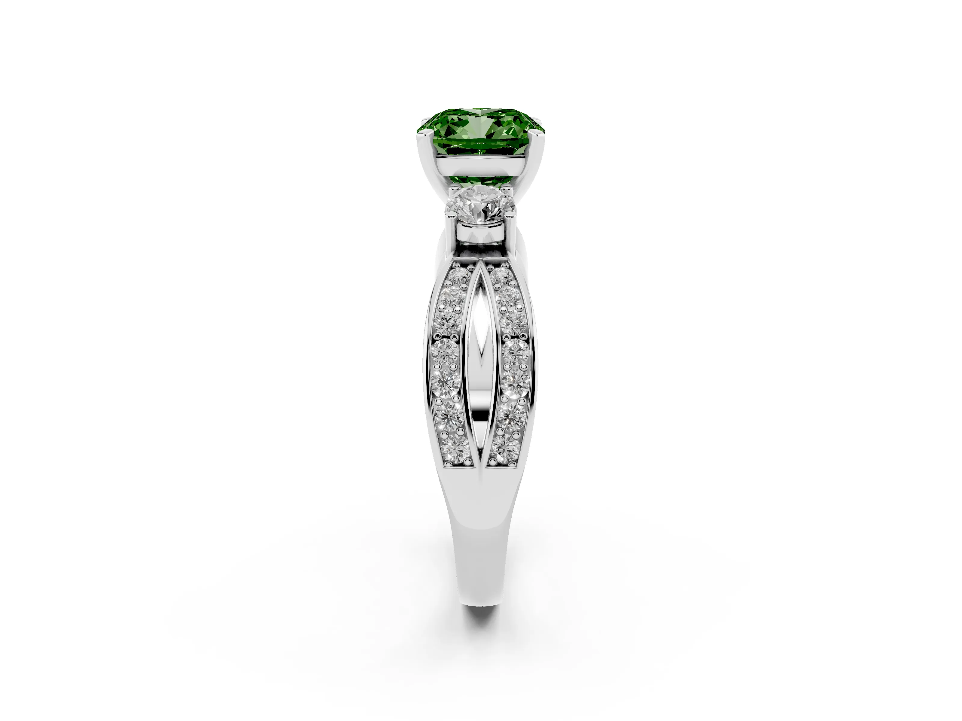 Fancy Green Three-Stone Cushion Cut Diamond Twist Band Ring Set in Silver with Pavé Accents and Prong Setting