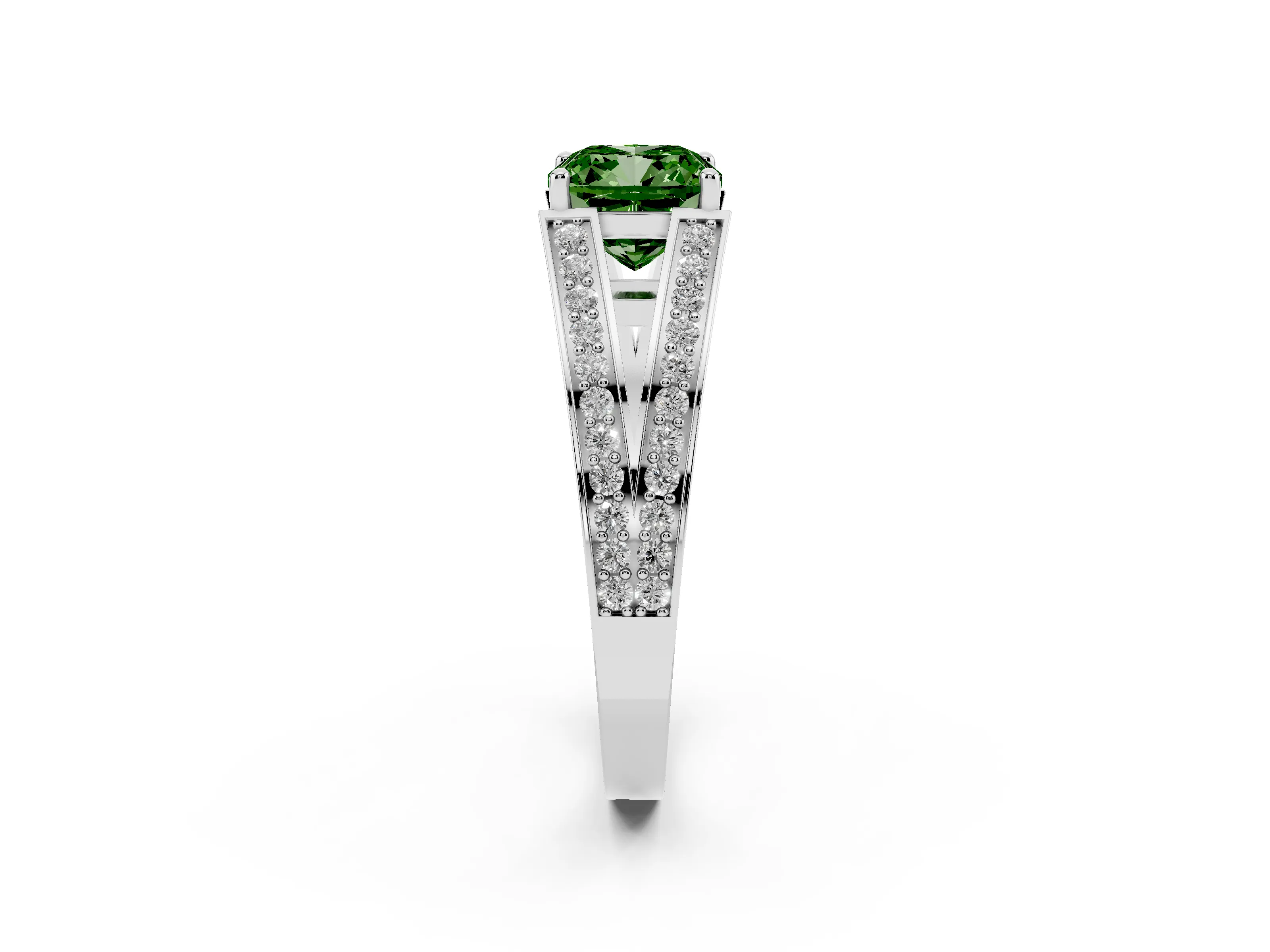 Fancy Green Cushion Cut Diamond Split Shank Ring Set in Platinum with Pavé Band and Prong Setting