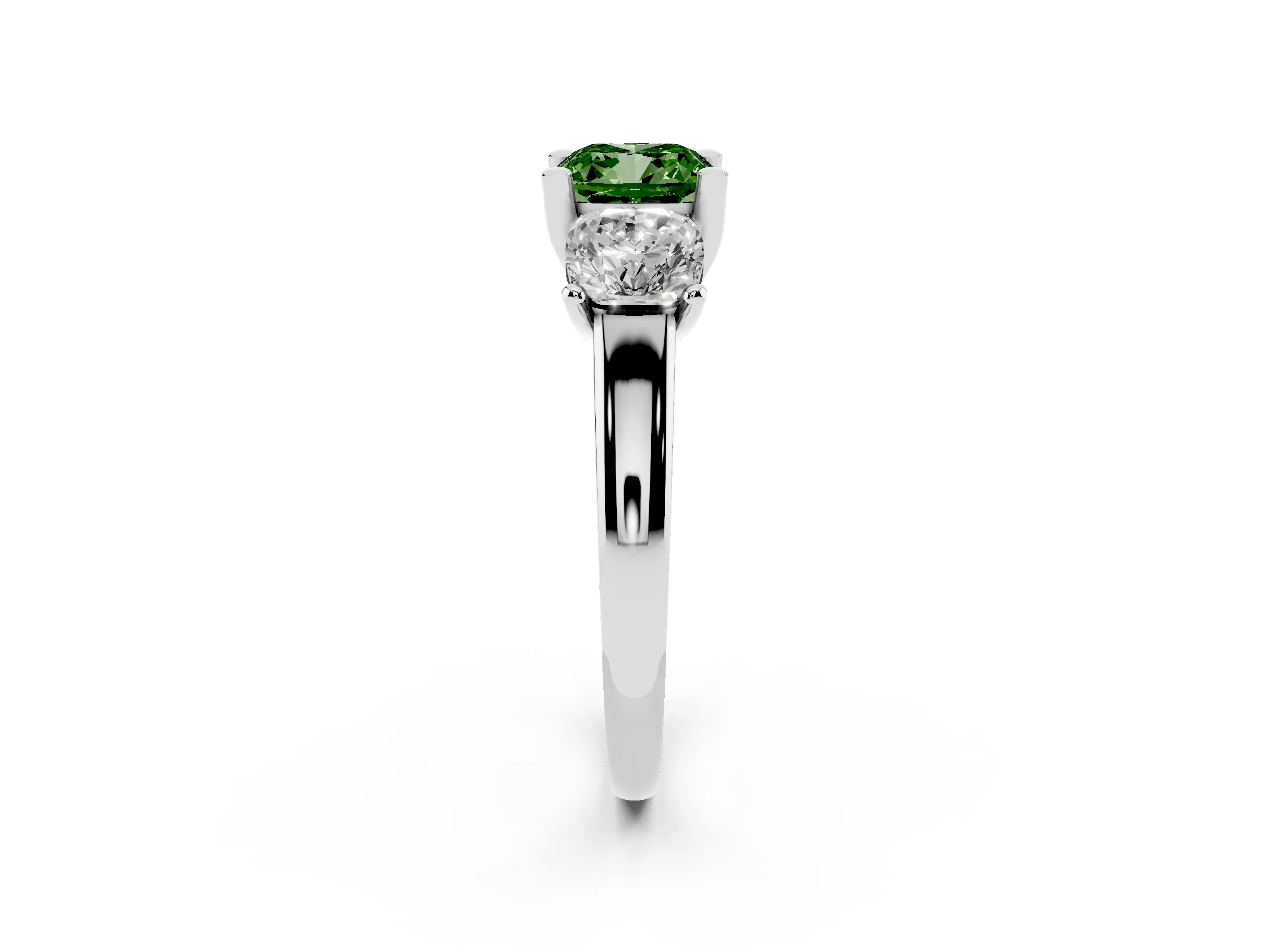 Fancy Green Cushion Cut Diamond Three-Stone Ring Set in White gold with Classic Prong Setting and Plain Band