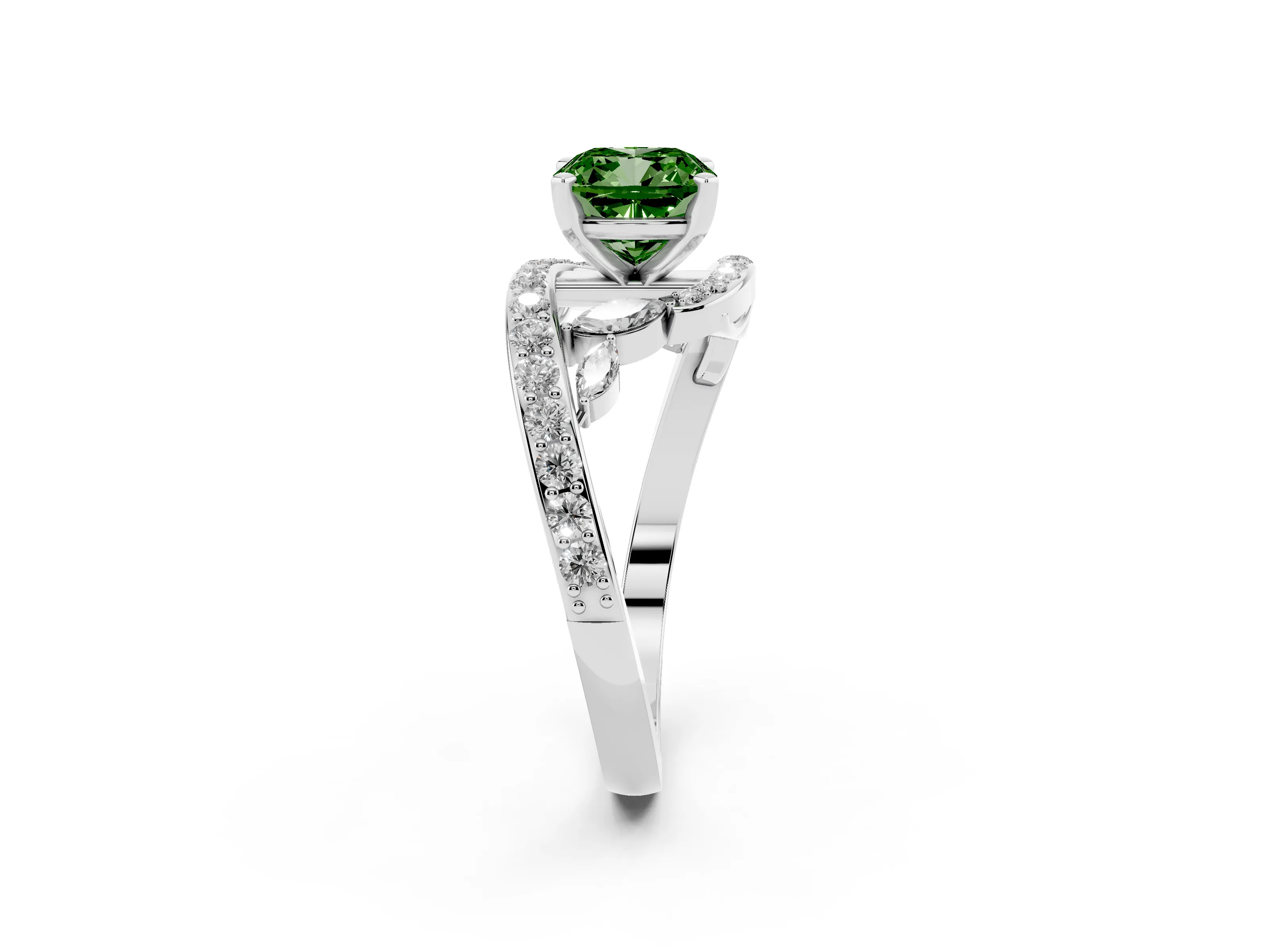 Fancy Green Cushion Cut Diamond Solitaire Ring Set in Platinum with Filigree Band and Prong Setting