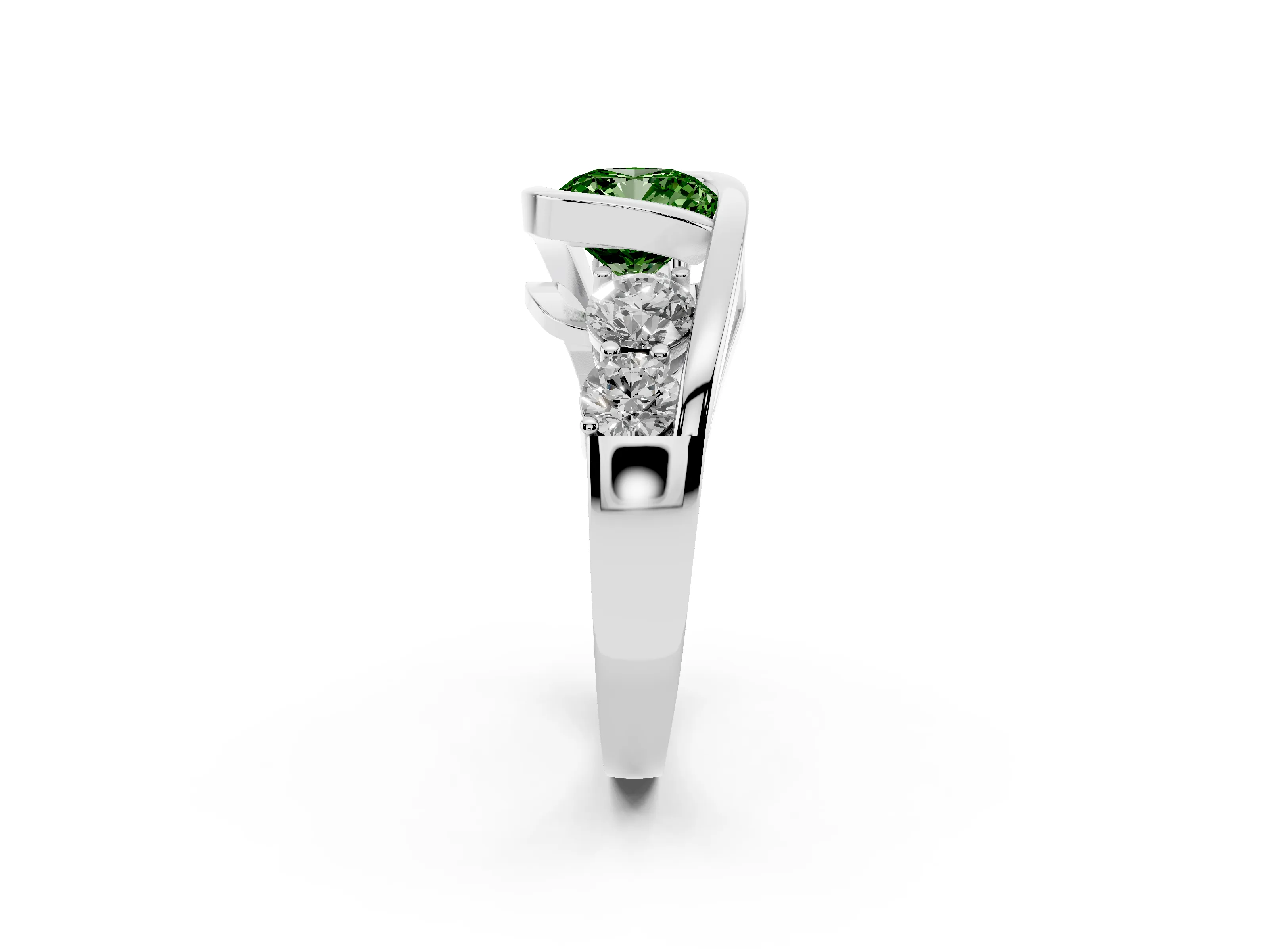 Fancy Green Cushion Cut Diamond Bezel Bypass Ring Set in Silver with Round Accents