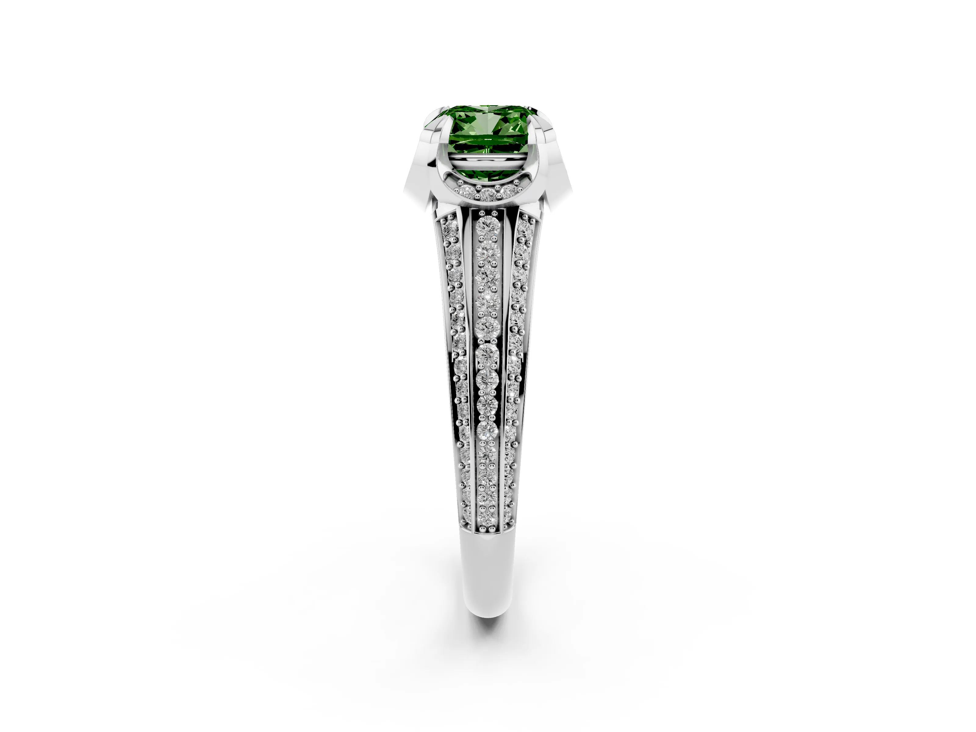 Fancy Green Cushion Cut Diamond Pavé Split Shank Solitaire Ring Set in Platinum with Prong Setting