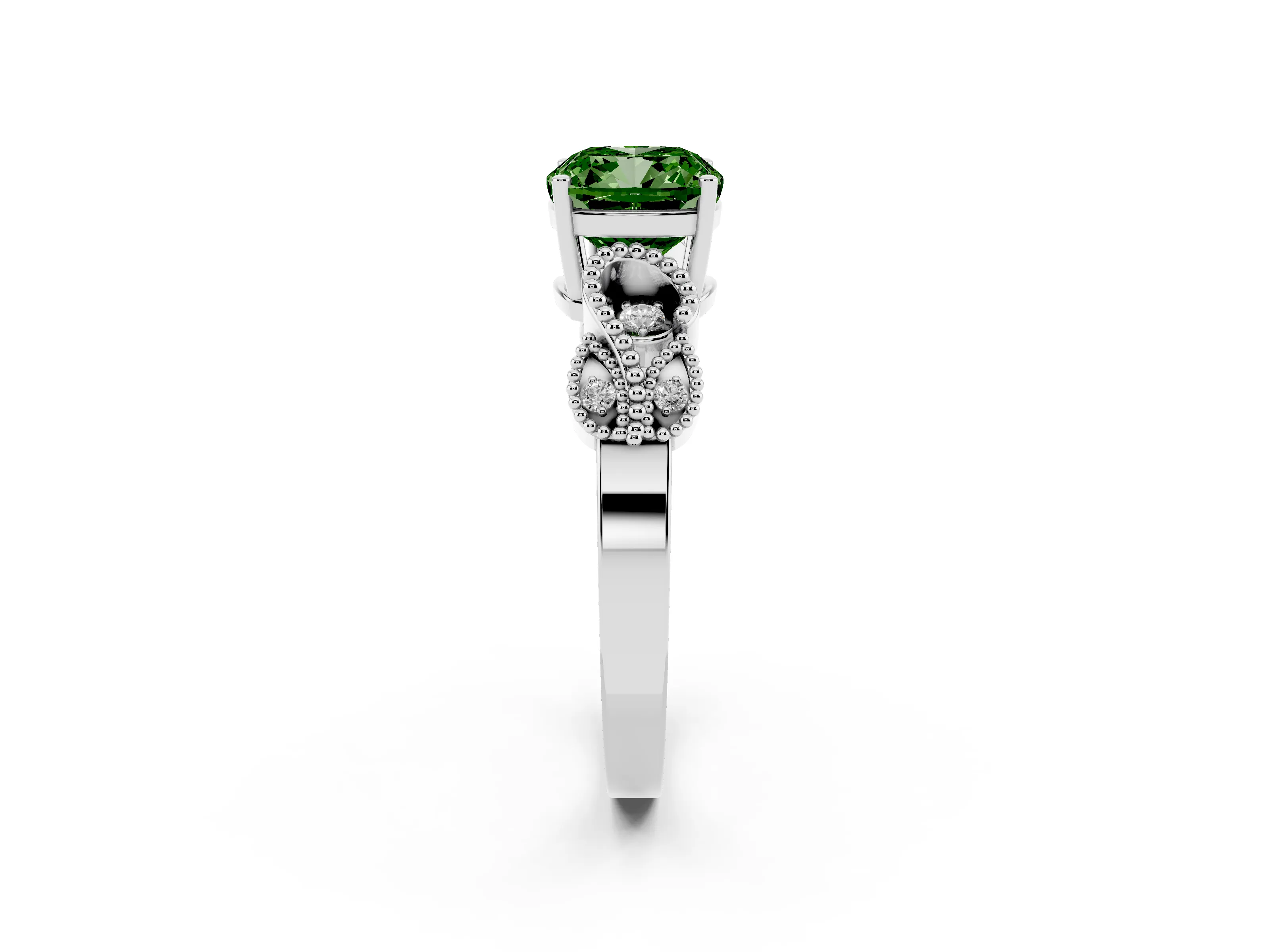Fancy Green Cushion Cut Diamond Milgrain Leaf Band Solitaire Ring Set in White gold with Accent Stones and Prong Setting