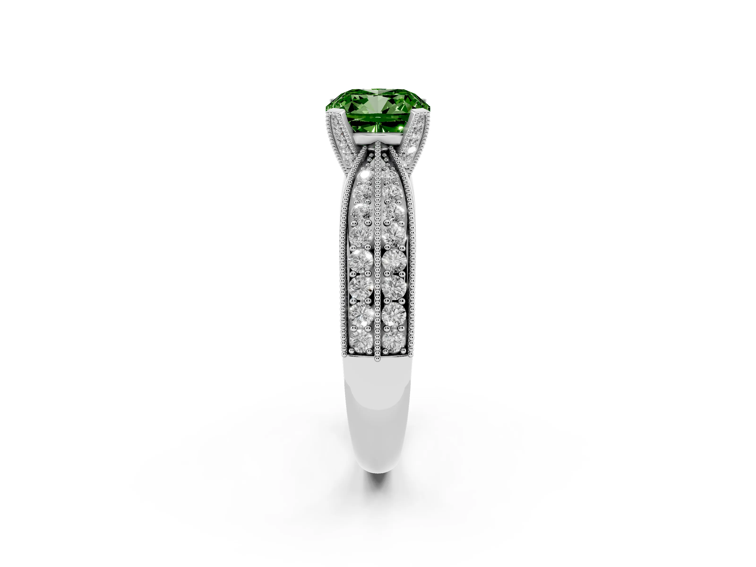 Fancy Green Cushion Cut Diamond Solitaire Ring Set in Silver with Milgrain Double Row Round Pavé Band