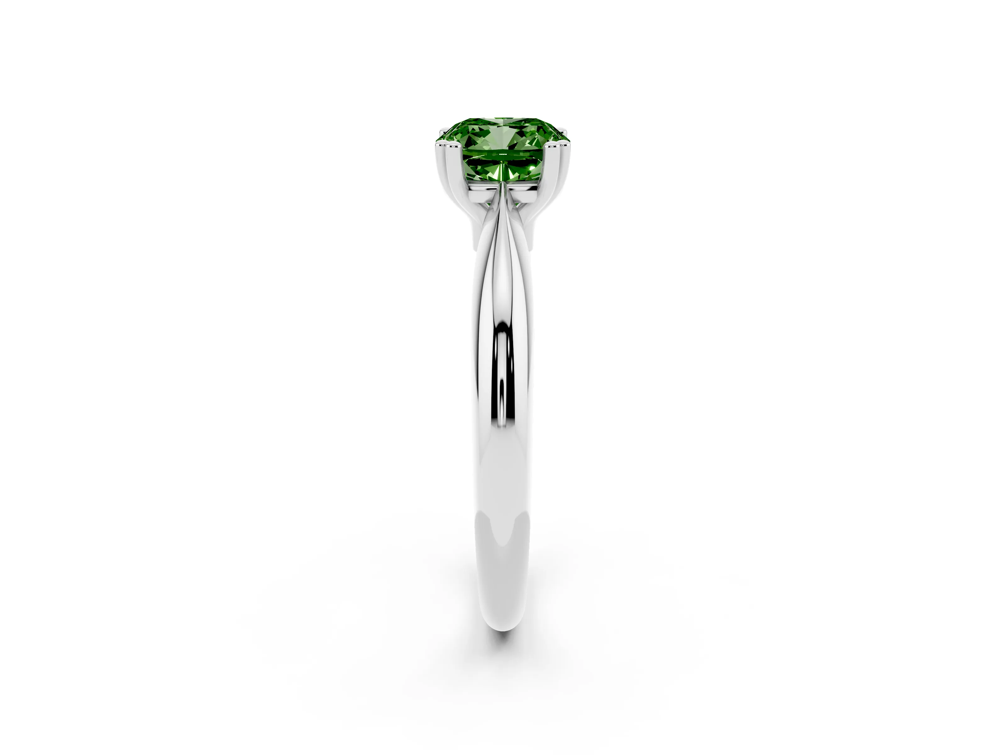 Fancy Green Cushion Cut Diamond Solitaire Engagement Ring Set in White gold with Tapered Band and Prong Setting