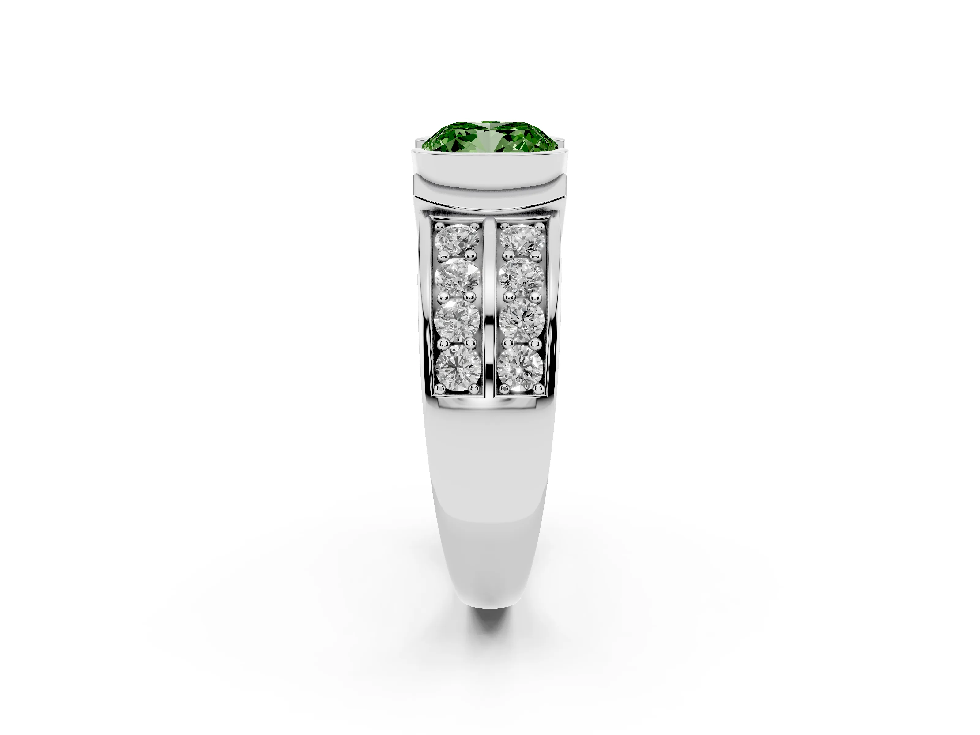 Fancy Green Cushion Cut Diamond Wide Channel Set Band Ring Set in Silver with Bezel Setting